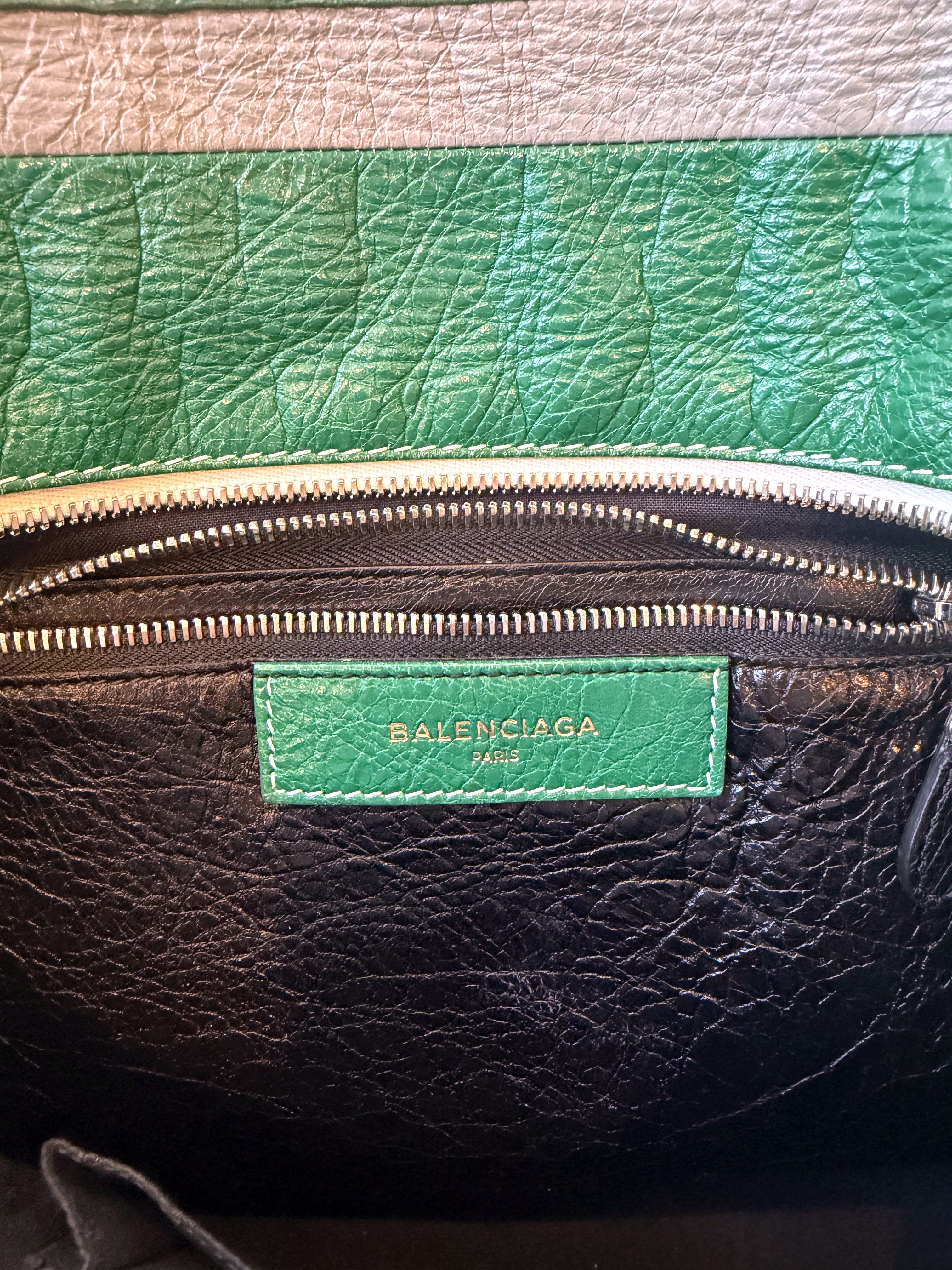 Balenciaga Bazar Shopper with Green/White/Black Stripe in Arena Leather