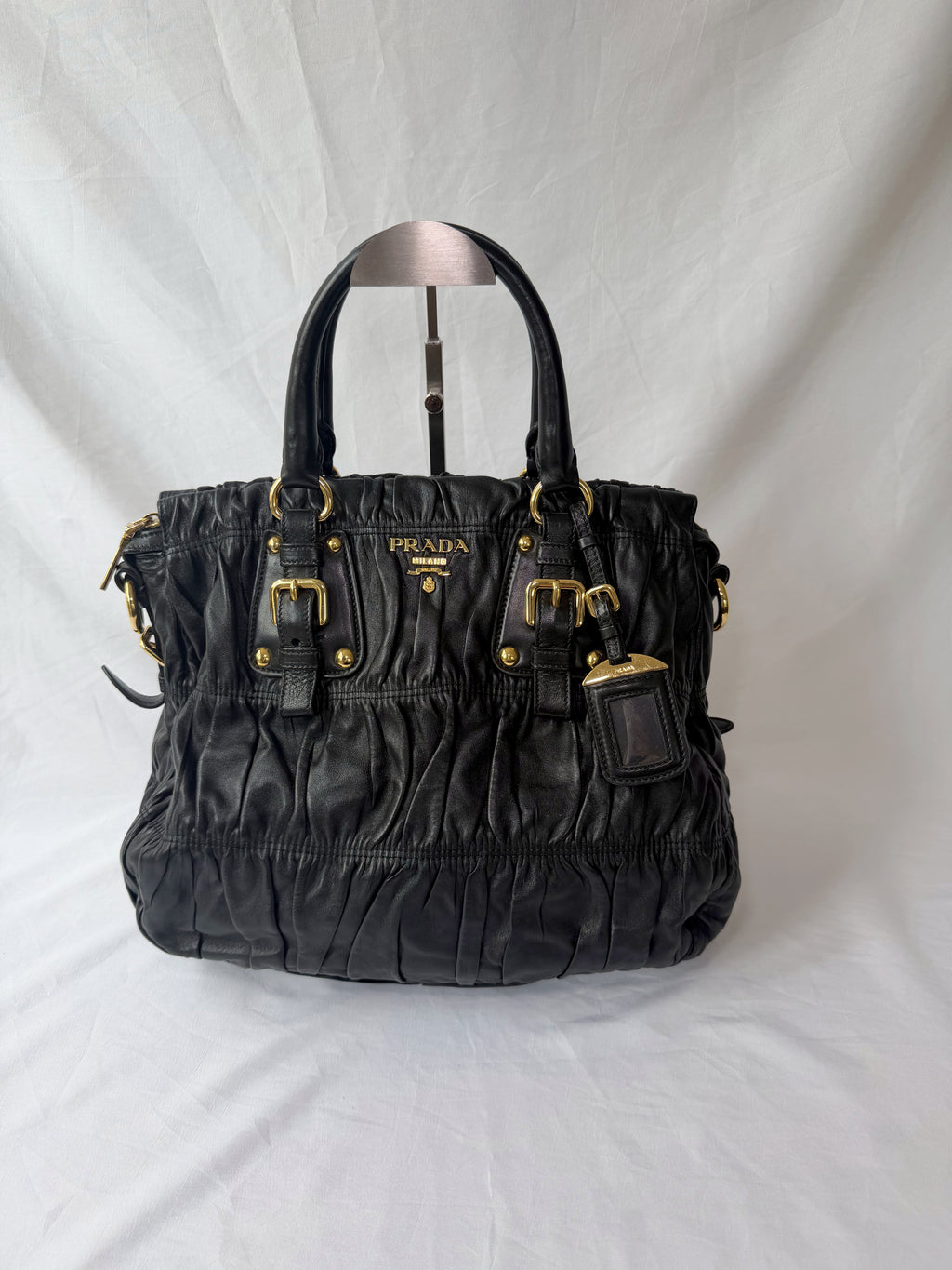 Prada Gaufre Tote in Black, Ruched Nappa Leather