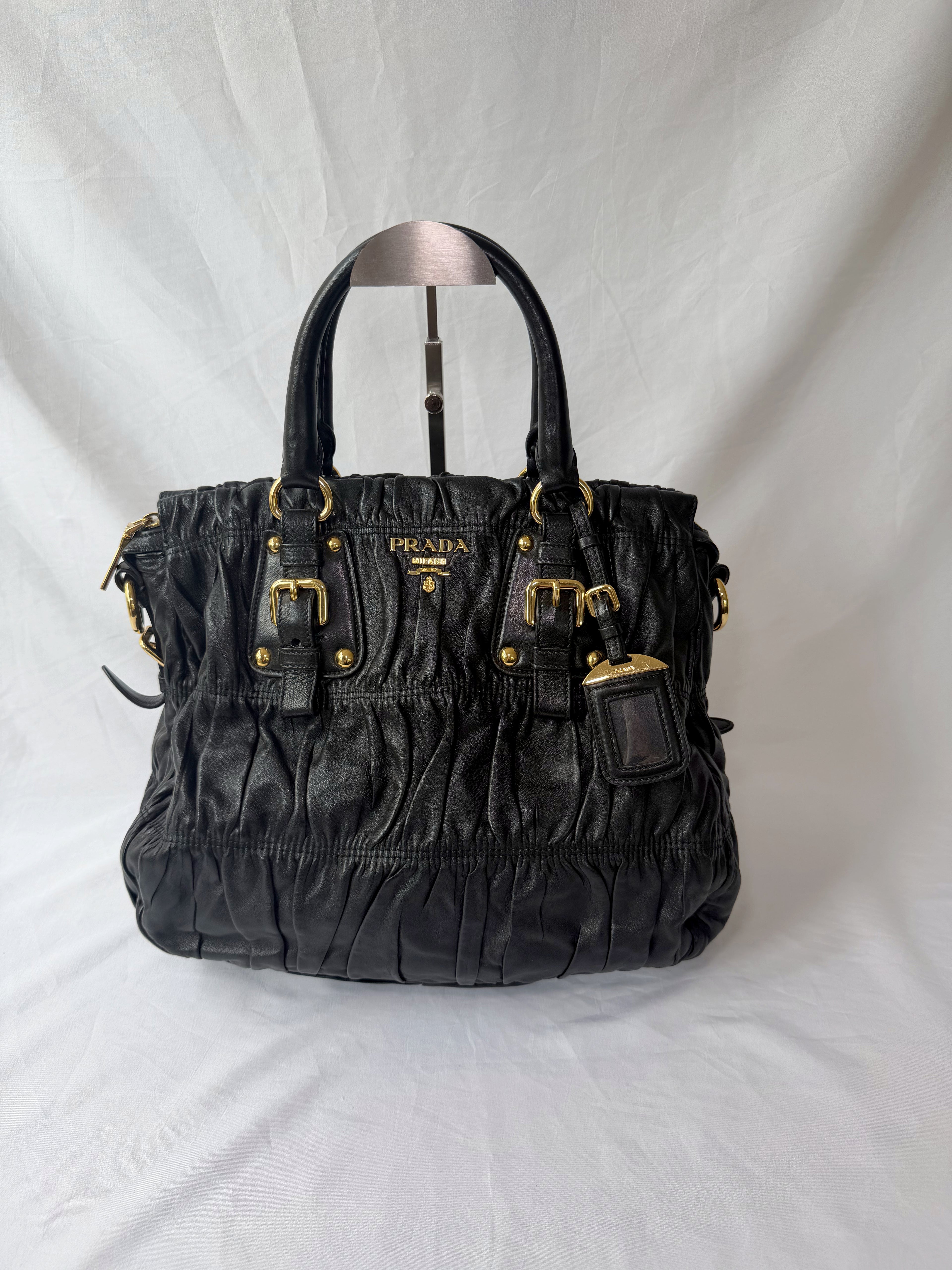 Prada Gaufre Tote in Black, Ruched Nappa Leather