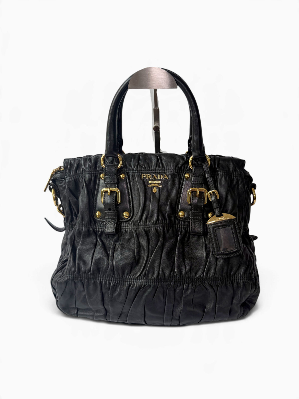 Prada Gaufre Tote in Black, Ruched Nappa Leather
