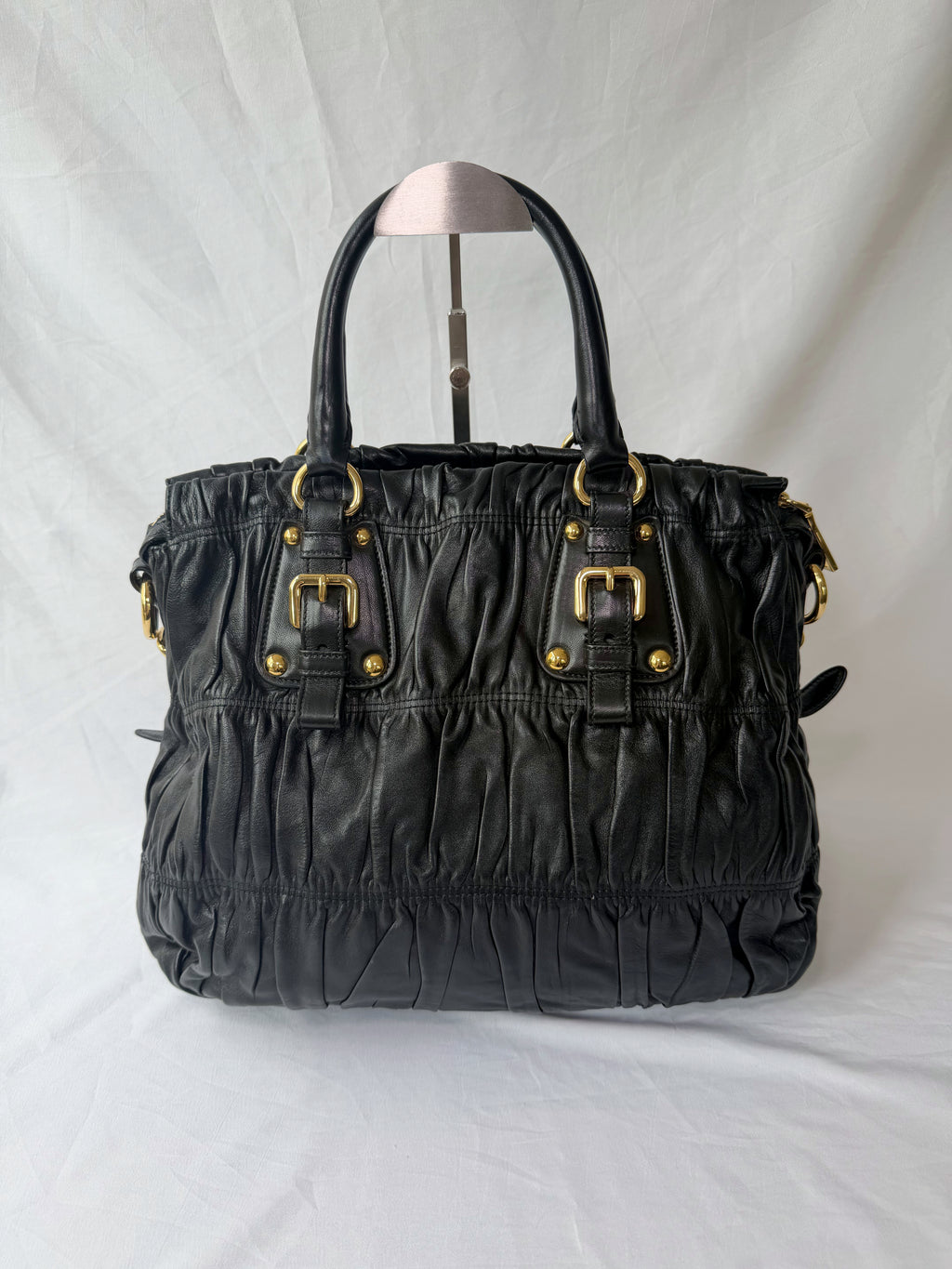 Prada Gaufre Tote in Black, Ruched Nappa Leather
