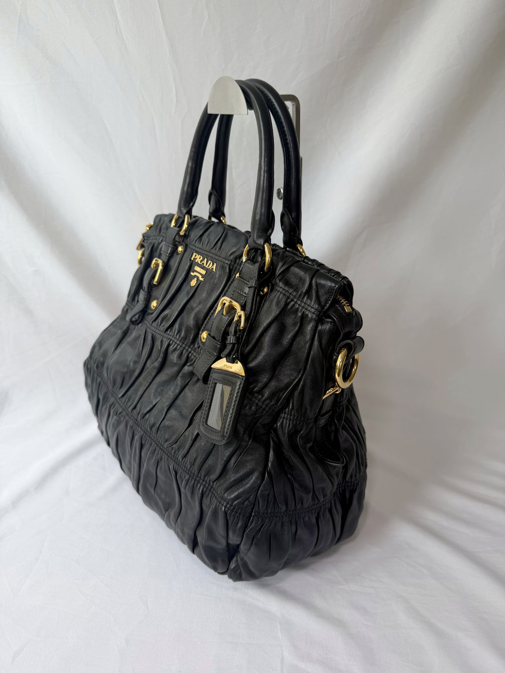 Prada Gaufre Tote in Black, Ruched Nappa Leather
