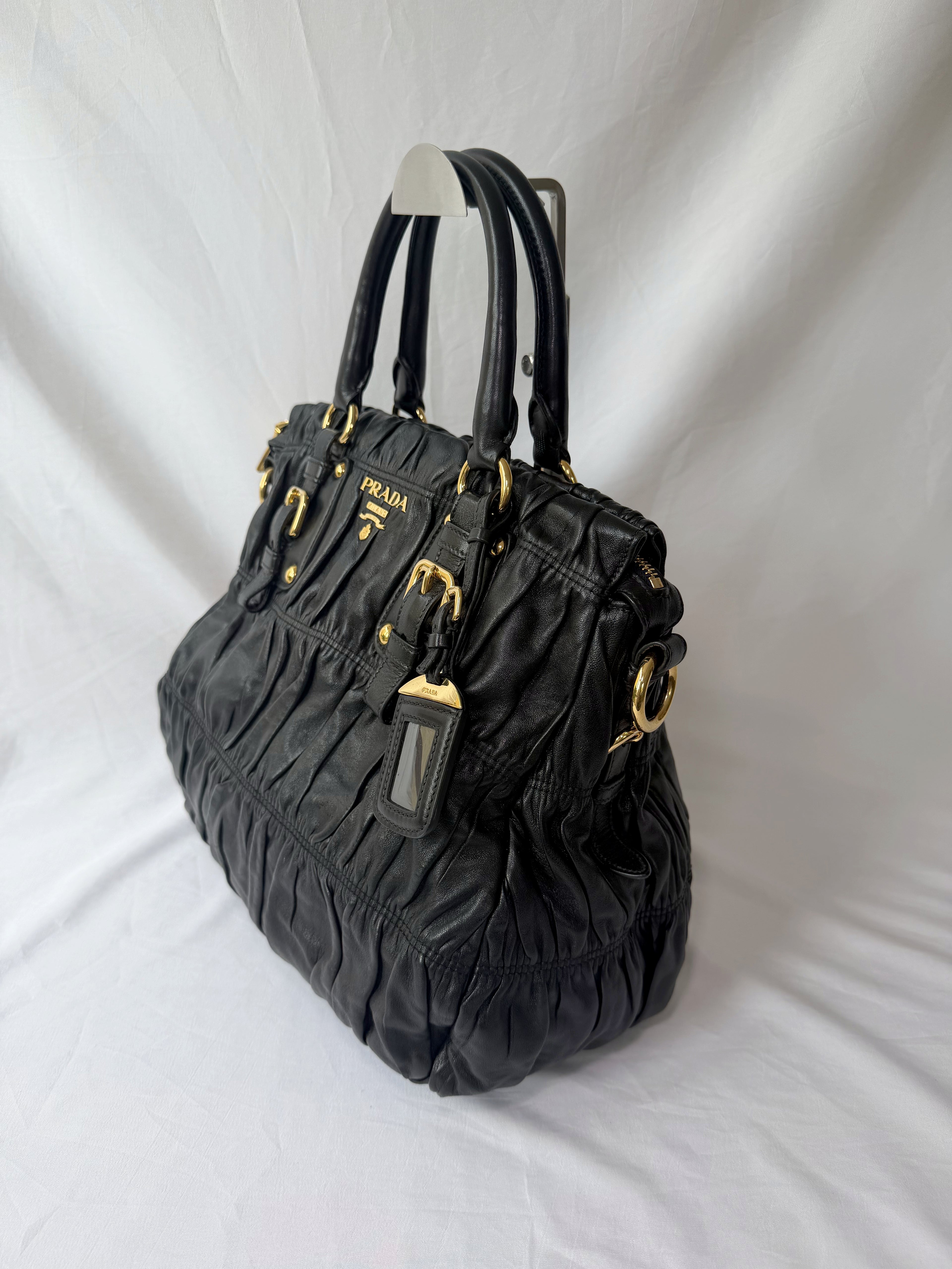 Prada Gaufre Tote in Black, Ruched Nappa Leather
