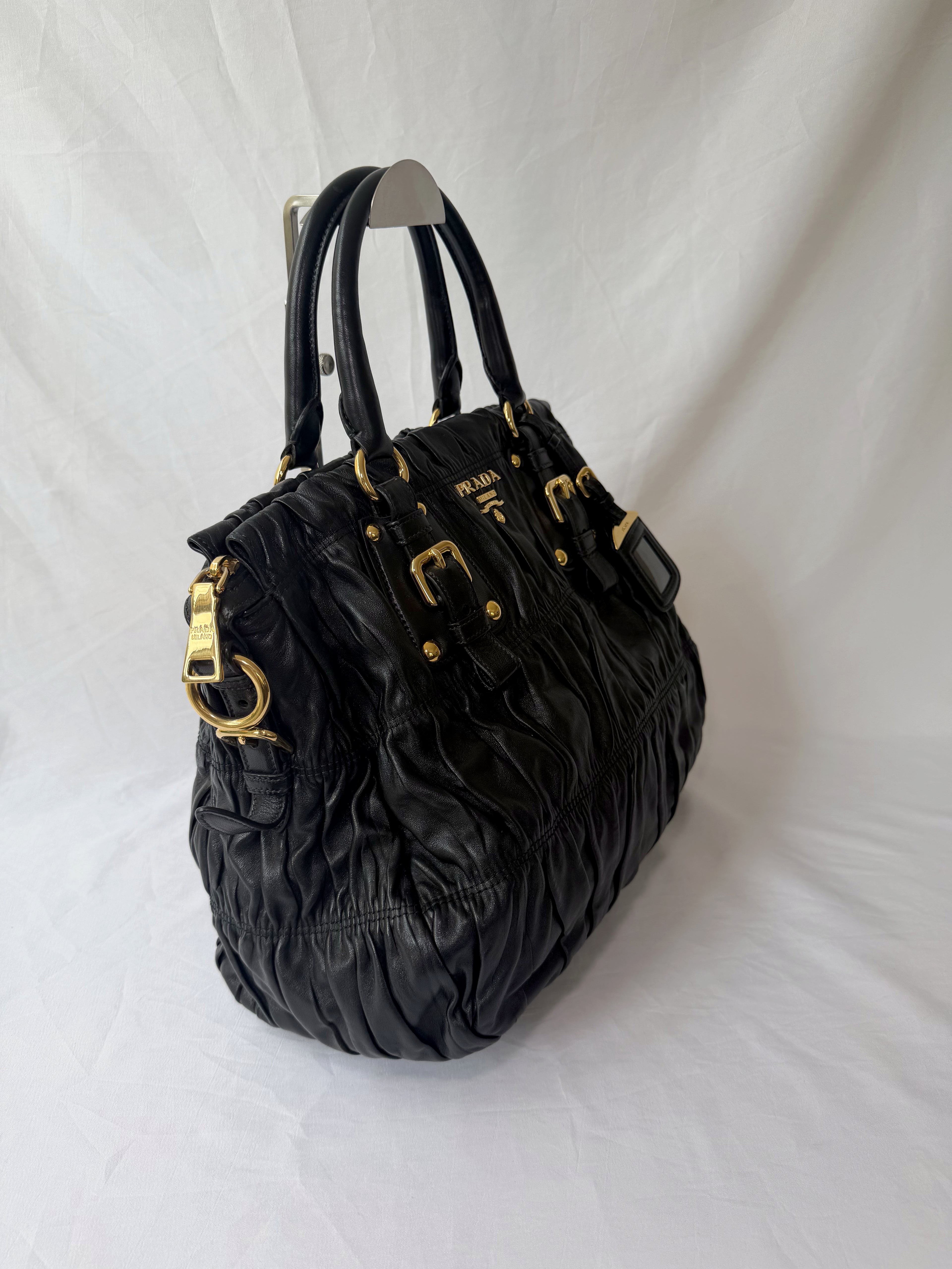 Prada Gaufre Tote in Black, Ruched Nappa Leather