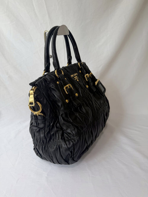 Prada Gaufre Tote in Black, Ruched Nappa Leather