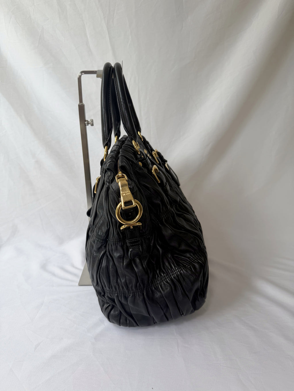 Prada Gaufre Tote in Black, Ruched Nappa Leather