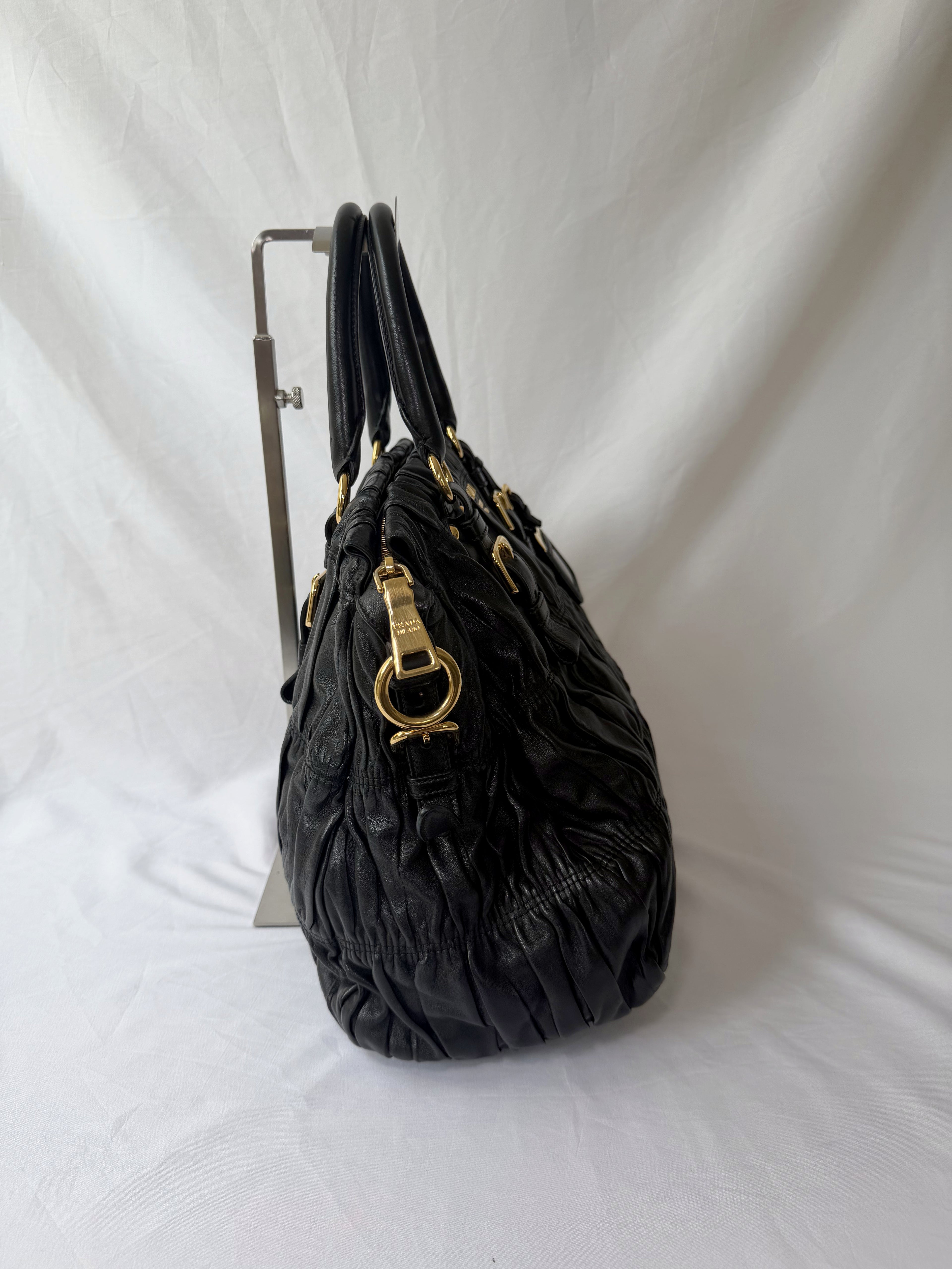 Prada Gaufre Tote in Black, Ruched Nappa Leather