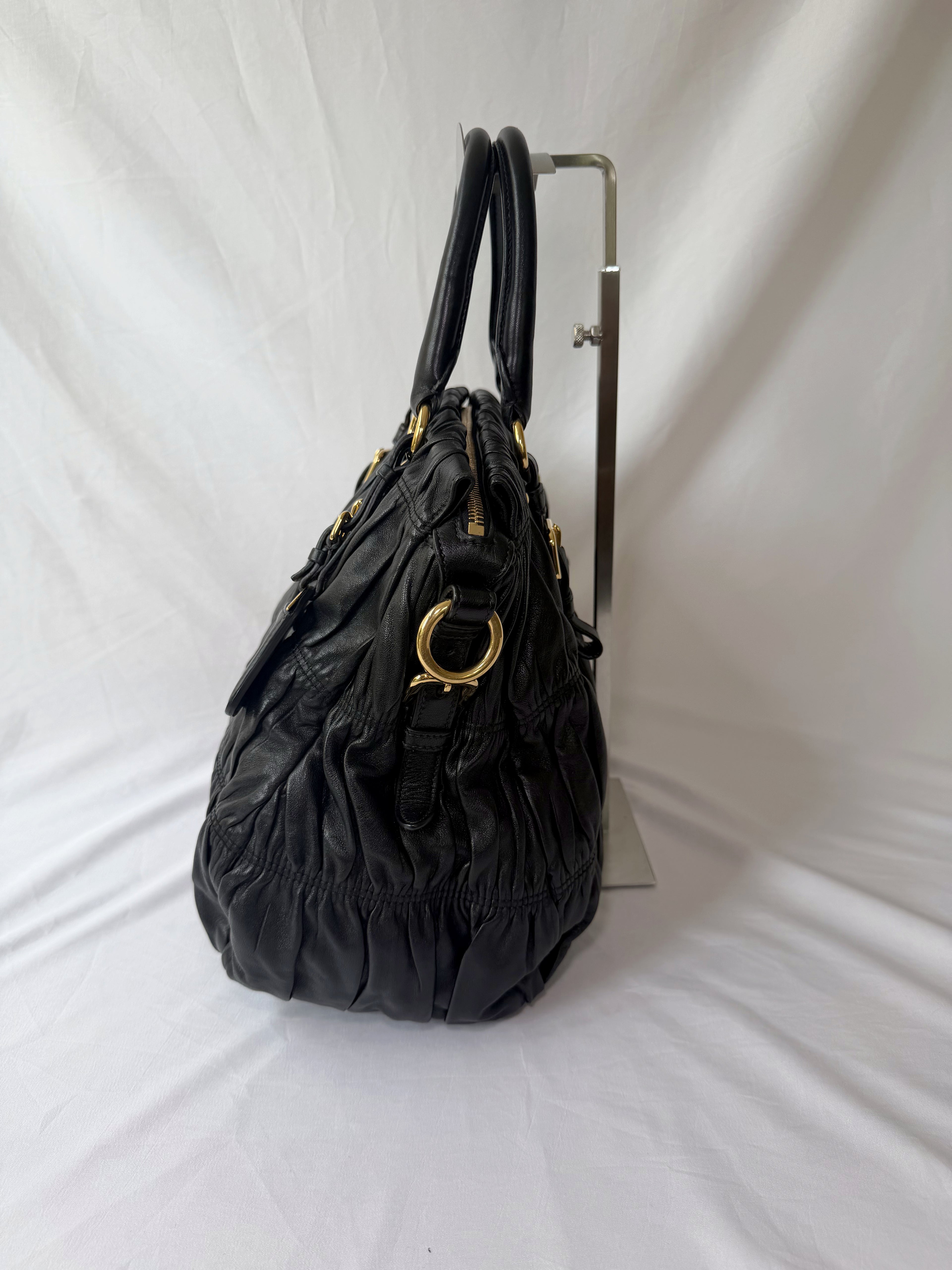Prada Gaufre Tote in Black, Ruched Nappa Leather