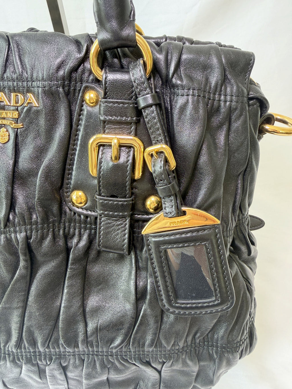 Prada Gaufre Tote in Black, Ruched Nappa Leather