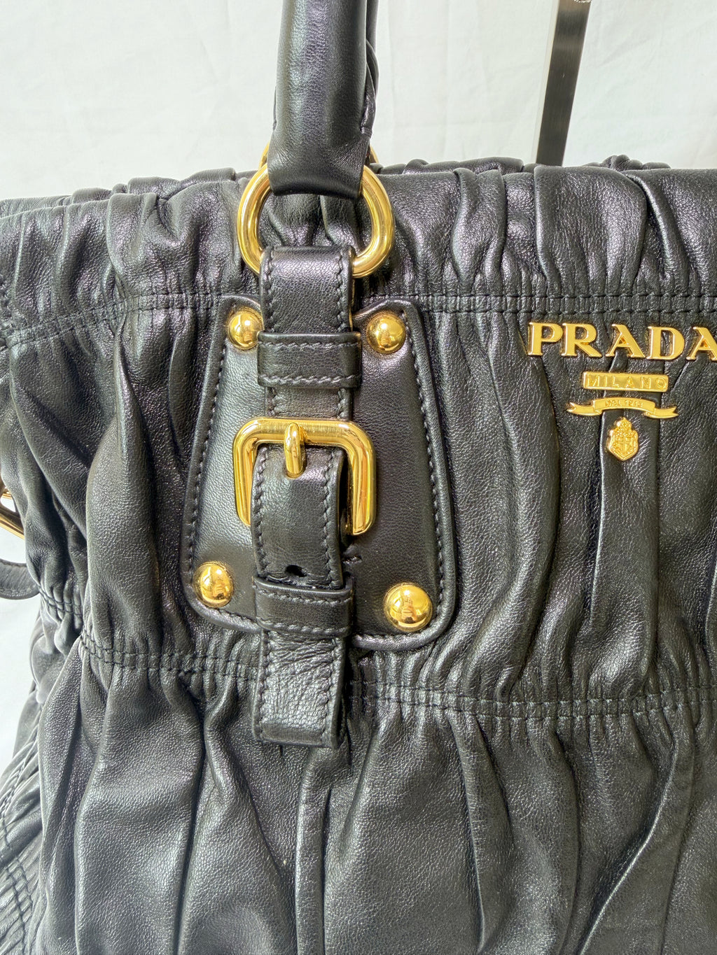 Prada Gaufre Tote in Black, Ruched Nappa Leather
