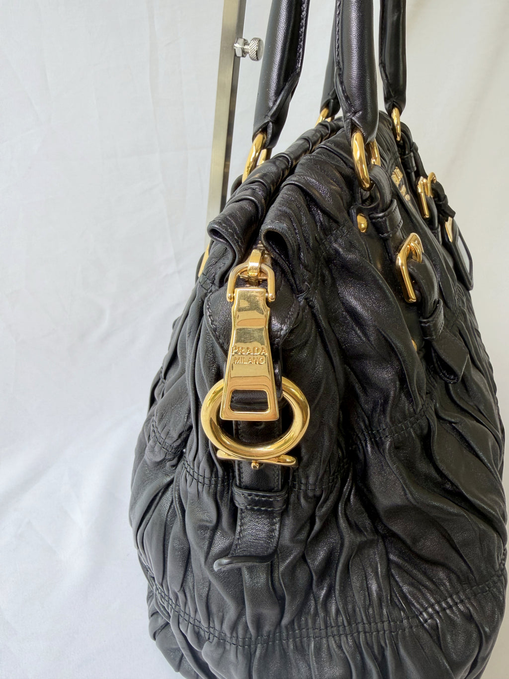 Prada Gaufre Tote in Black, Ruched Nappa Leather