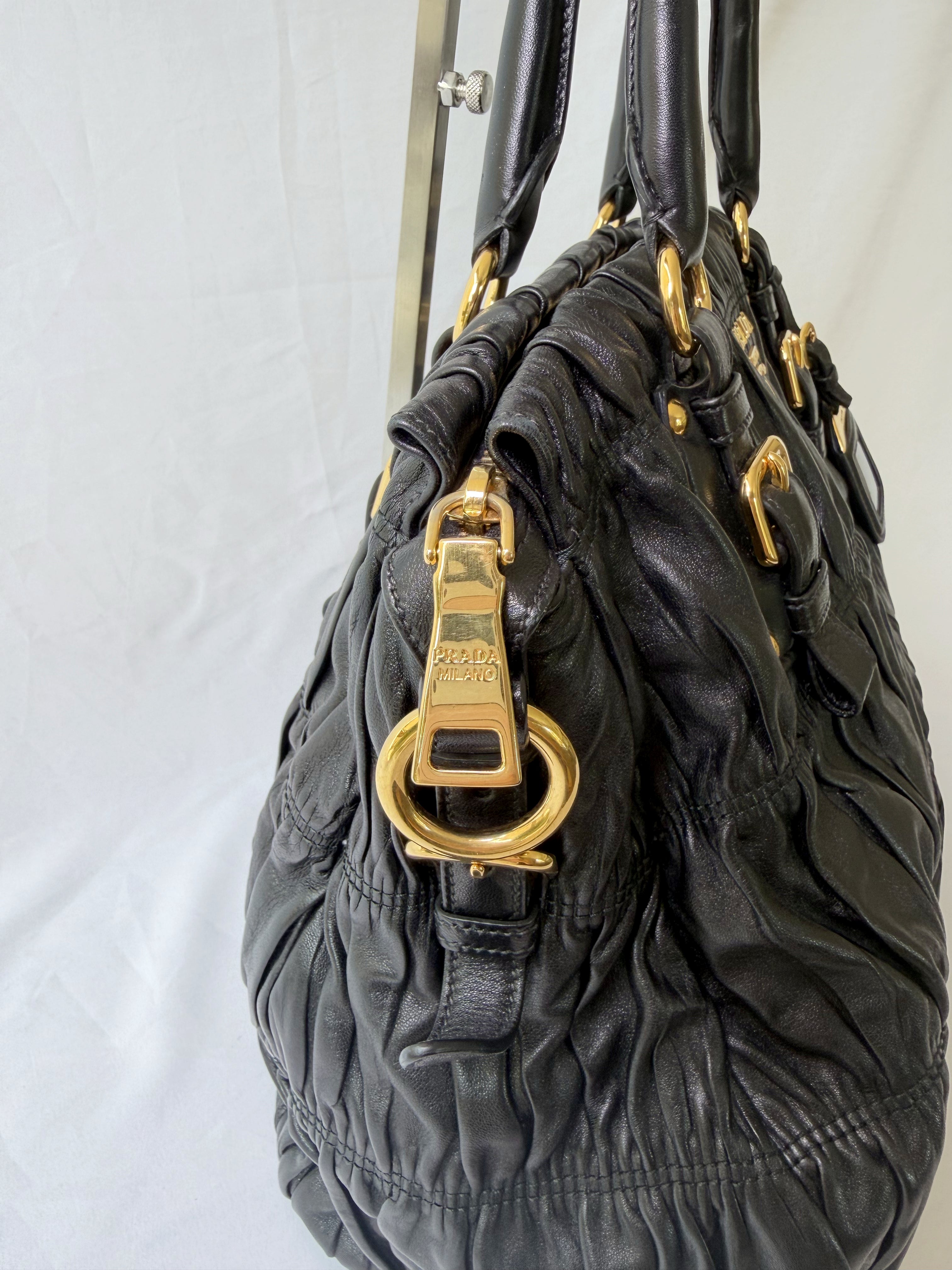 Prada Gaufre Tote in Black, Ruched Nappa Leather