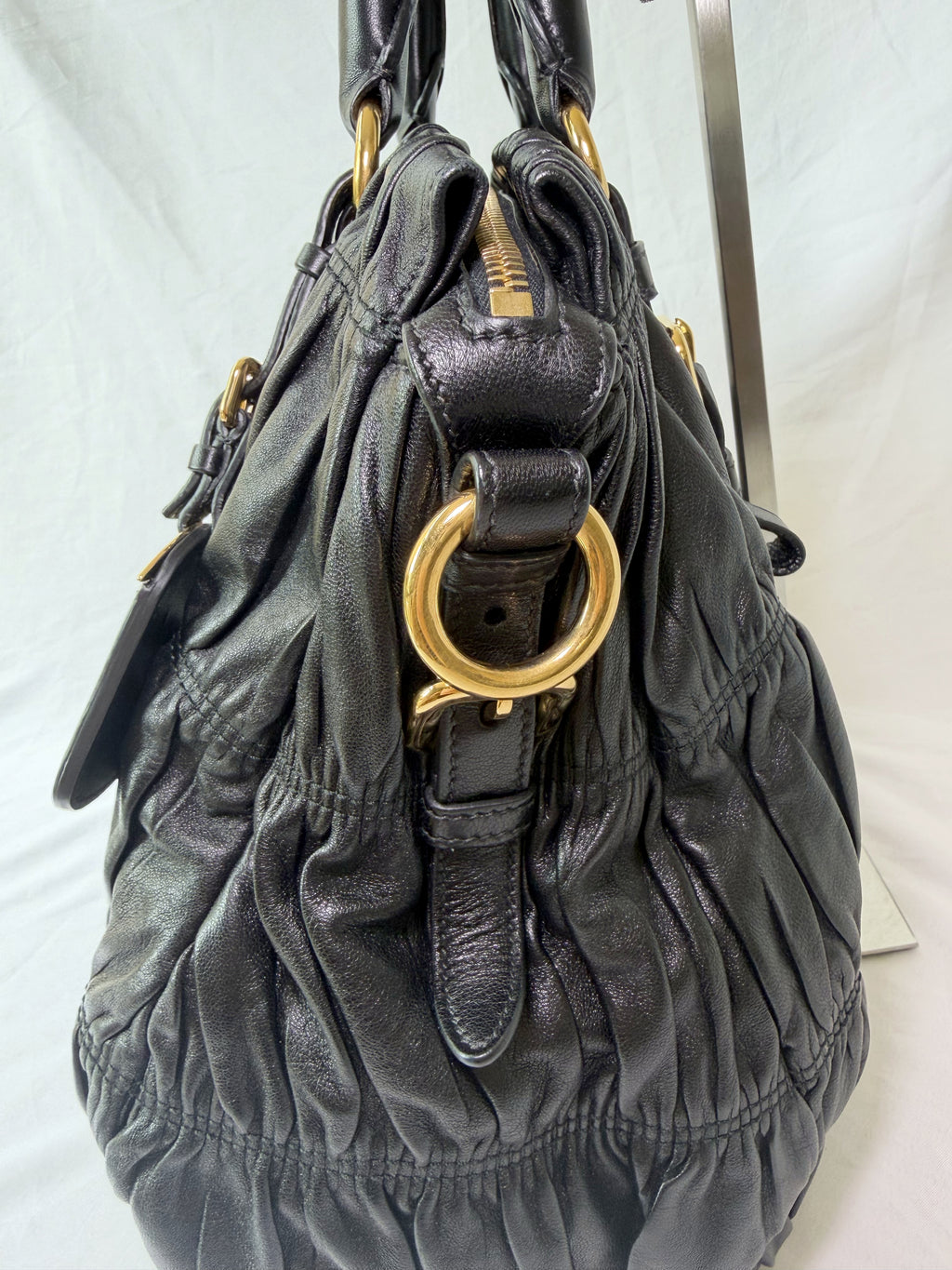 Prada Gaufre Tote in Black, Ruched Nappa Leather