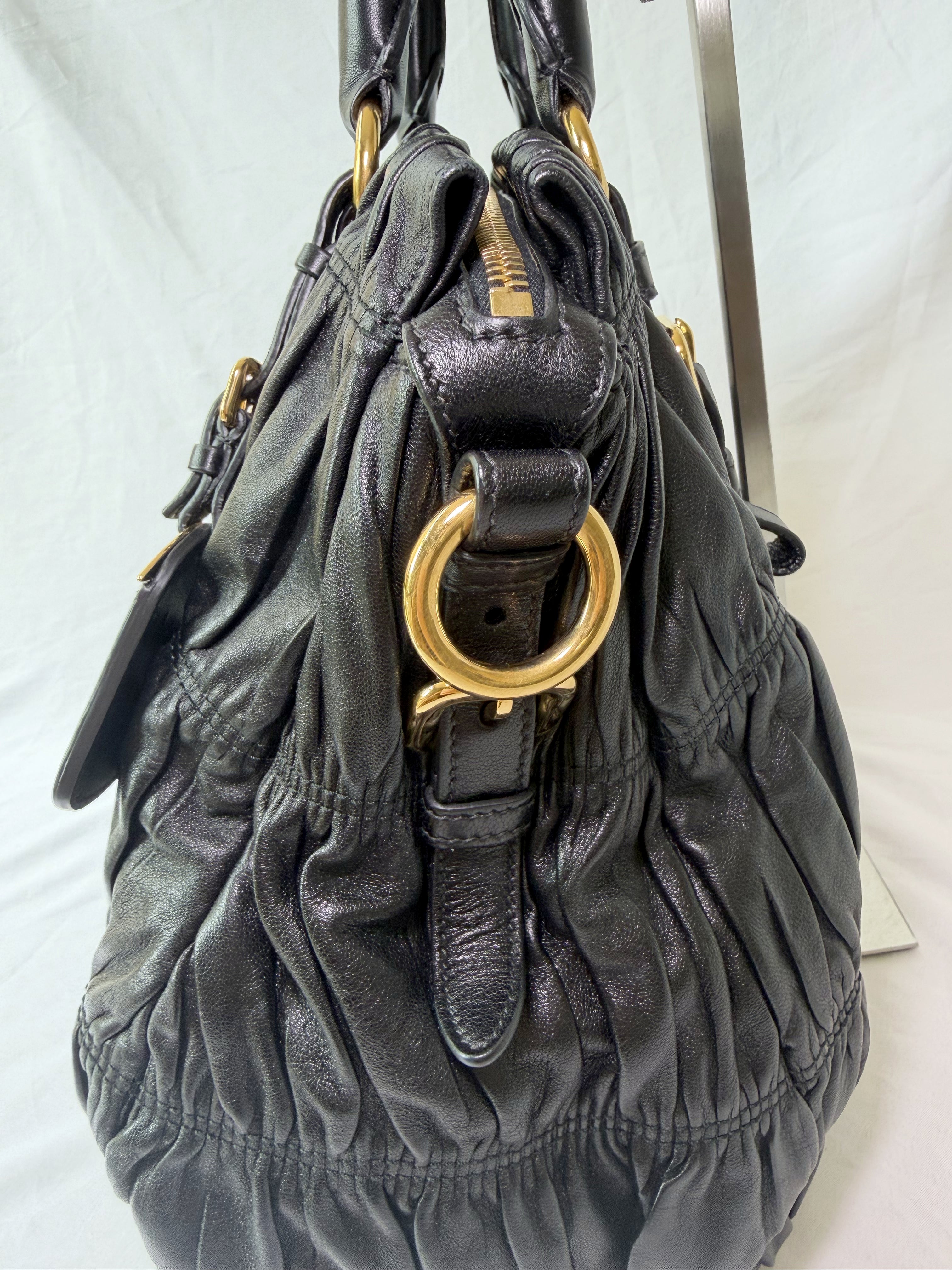 Prada Gaufre Tote in Black, Ruched Nappa Leather