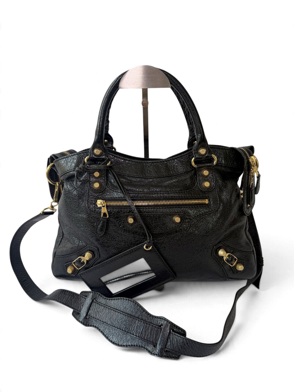 Balenciaga Town Bag S/S2014 with Giant 12 Gold Textured Hardware in Black Agneau Leather
