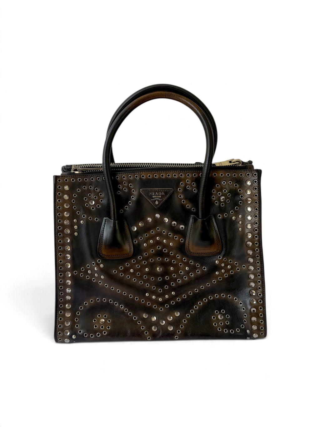 Prada Galleria Studded Tote in Burnished Brown Calfskin with Eyelets & Studs