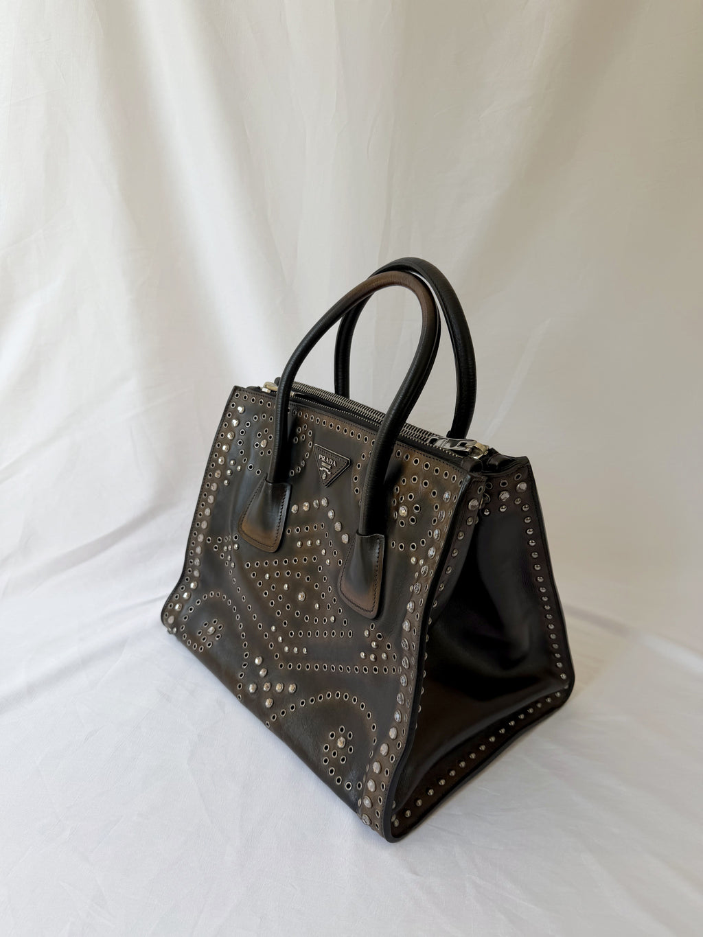 Prada Galleria Studded Tote in Burnished Brown Calfskin with Eyelets & Studs