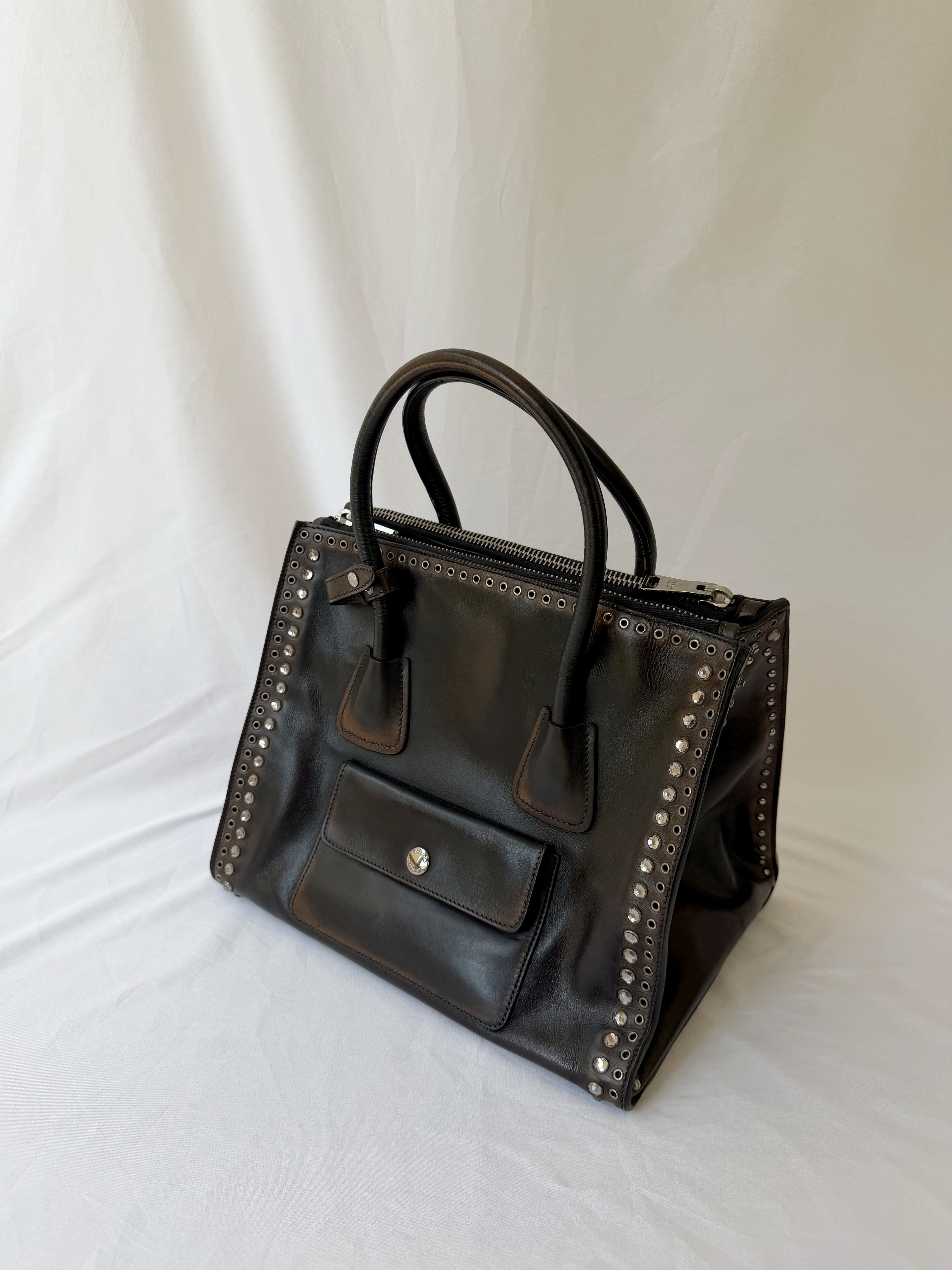Prada Galleria Studded Tote in Burnished Brown Calfskin with Eyelets & Studs