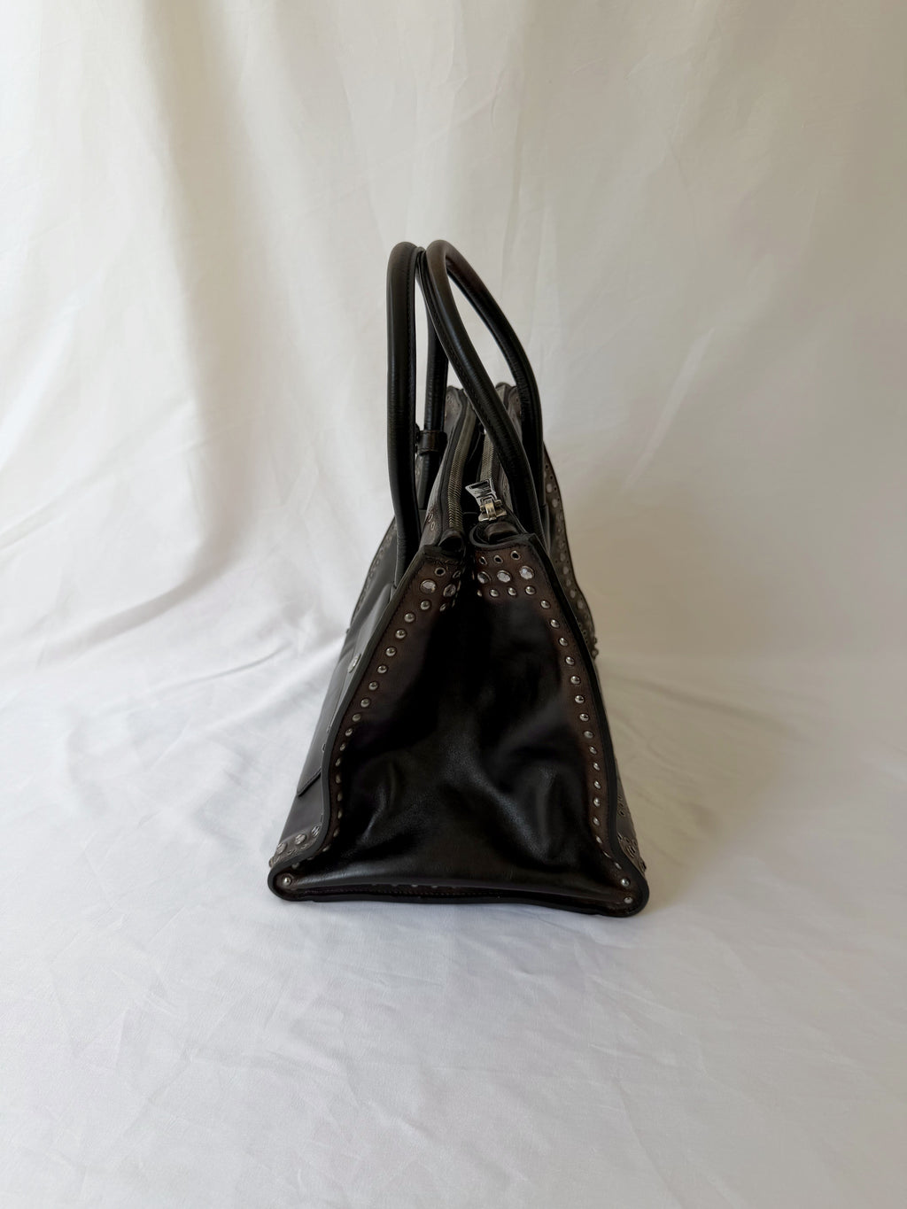 Prada Galleria Studded Tote in Burnished Brown Calfskin with Eyelets & Studs
