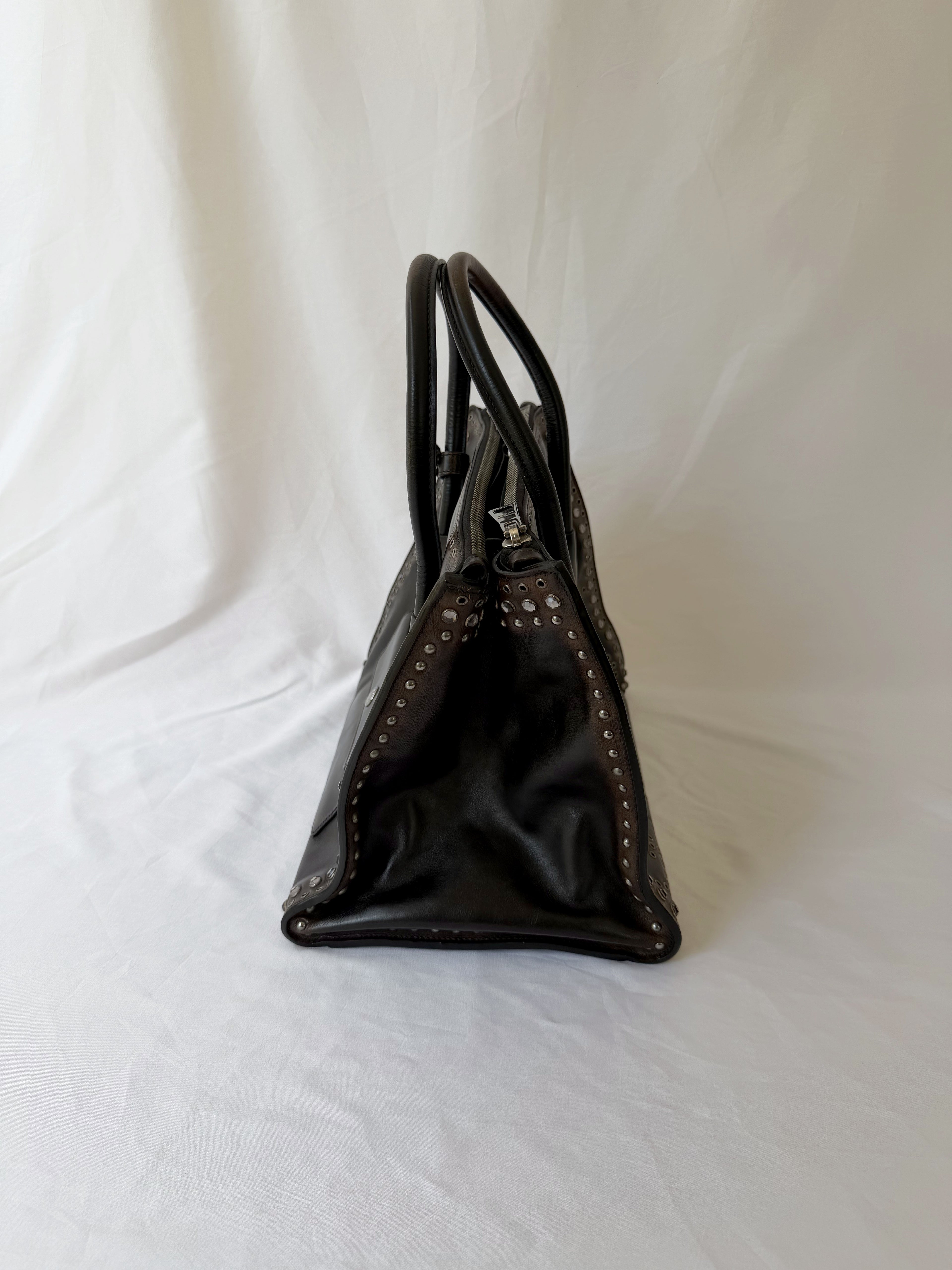 Prada Galleria Studded Tote in Burnished Brown Calfskin with Eyelets & Studs