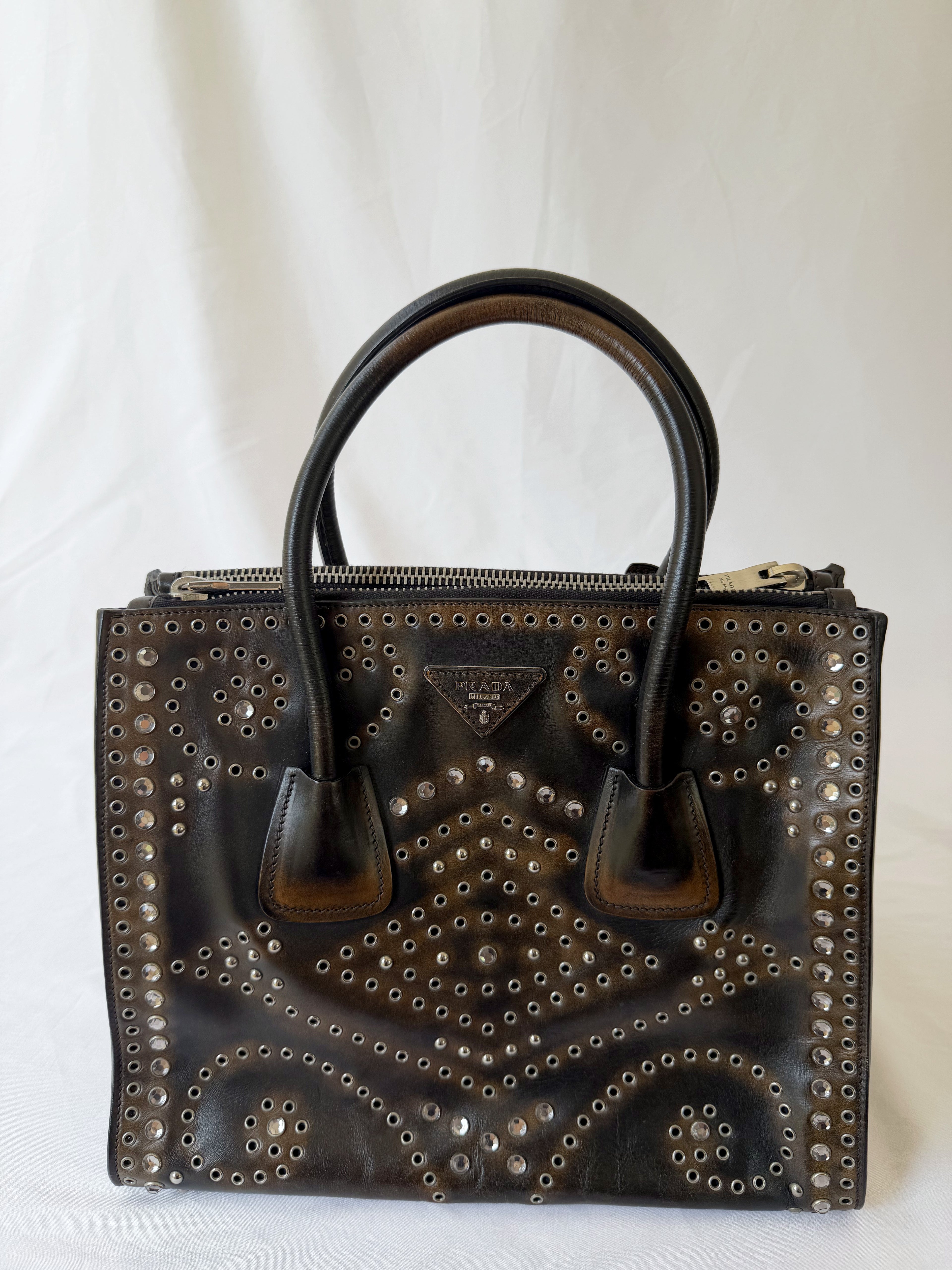 Prada Galleria Studded Tote in Burnished Brown Calfskin with Eyelets & Studs