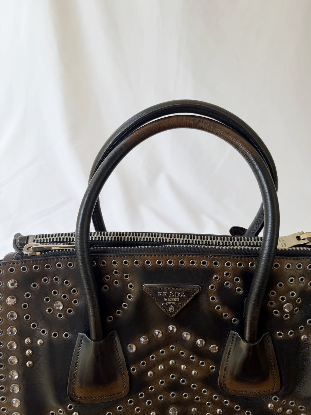 Prada Galleria Studded Tote in Burnished Brown Calfskin with Eyelets & Studs