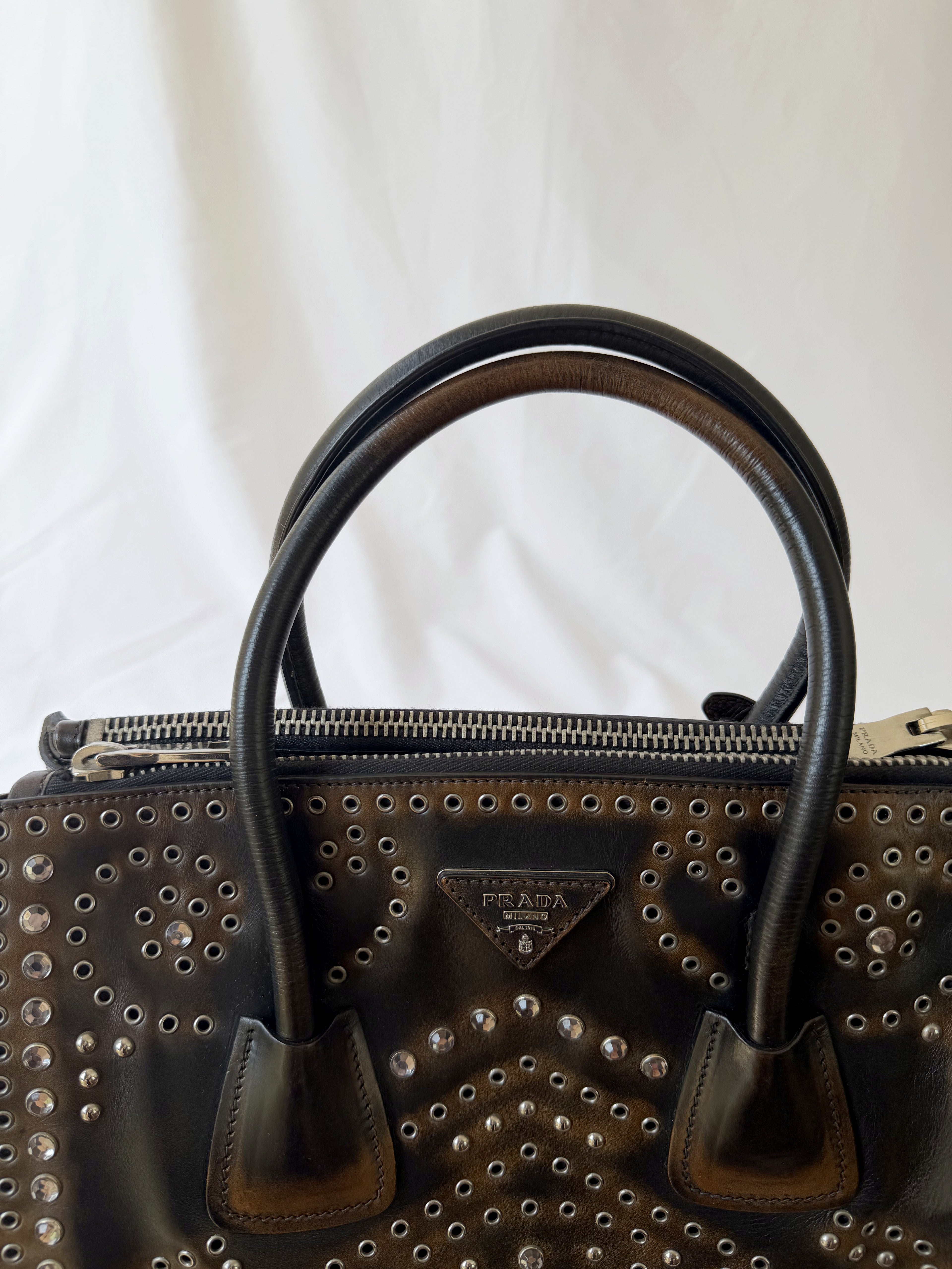 Prada Galleria Studded Tote in Burnished Brown Calfskin with Eyelets & Studs