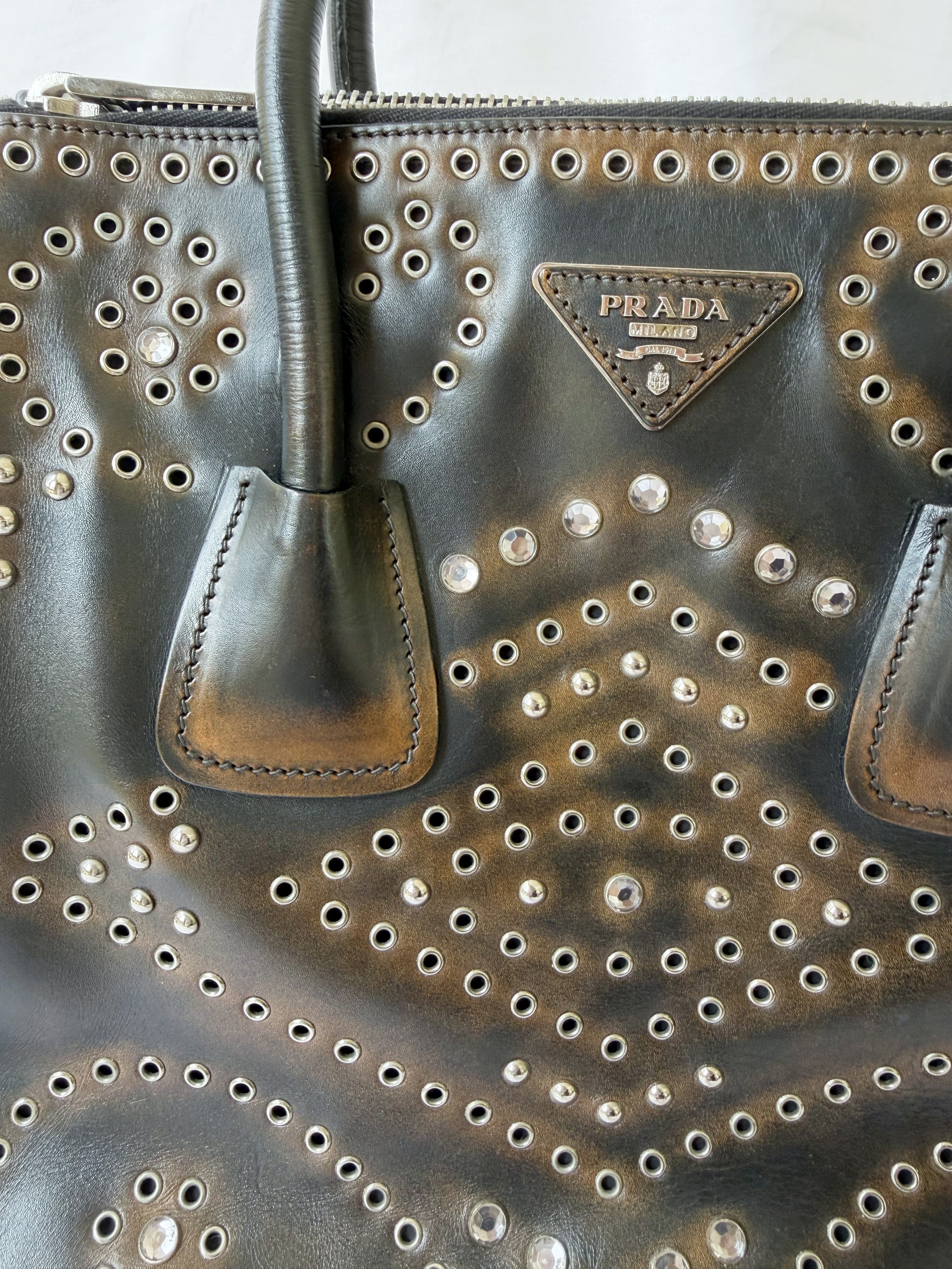 Prada Galleria Studded Tote in Burnished Brown Calfskin with Eyelets & Studs