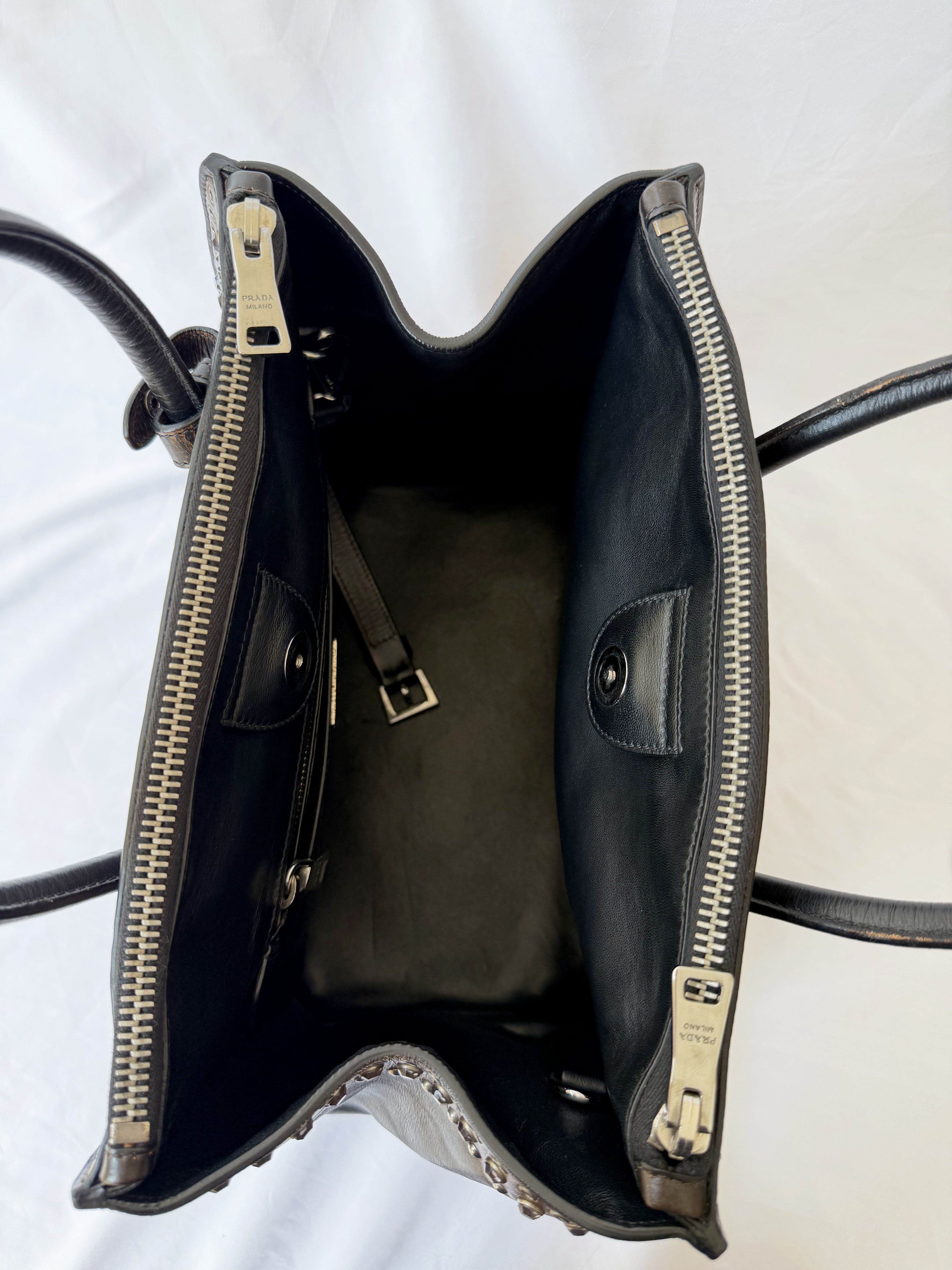 Prada Galleria Studded Tote in Burnished Brown Calfskin with Eyelets & Studs