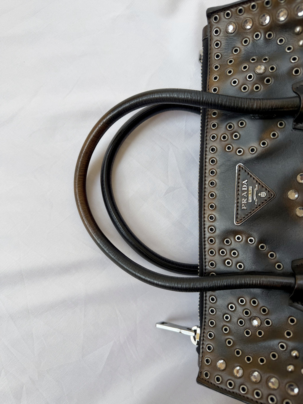 Prada Galleria Studded Tote in Burnished Brown Calfskin with Eyelets & Studs