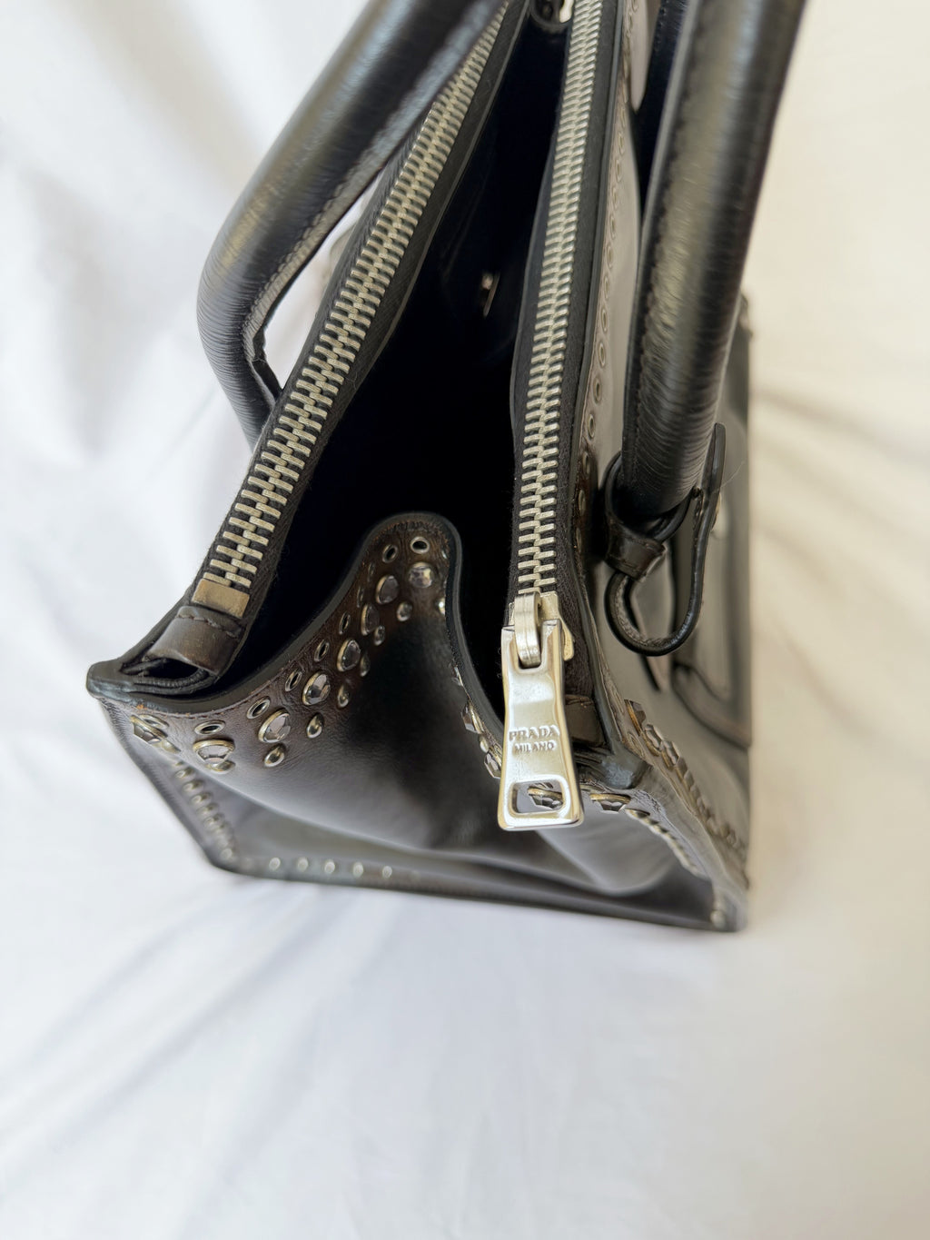 Prada Galleria Studded Tote in Burnished Brown Calfskin with Eyelets & Studs