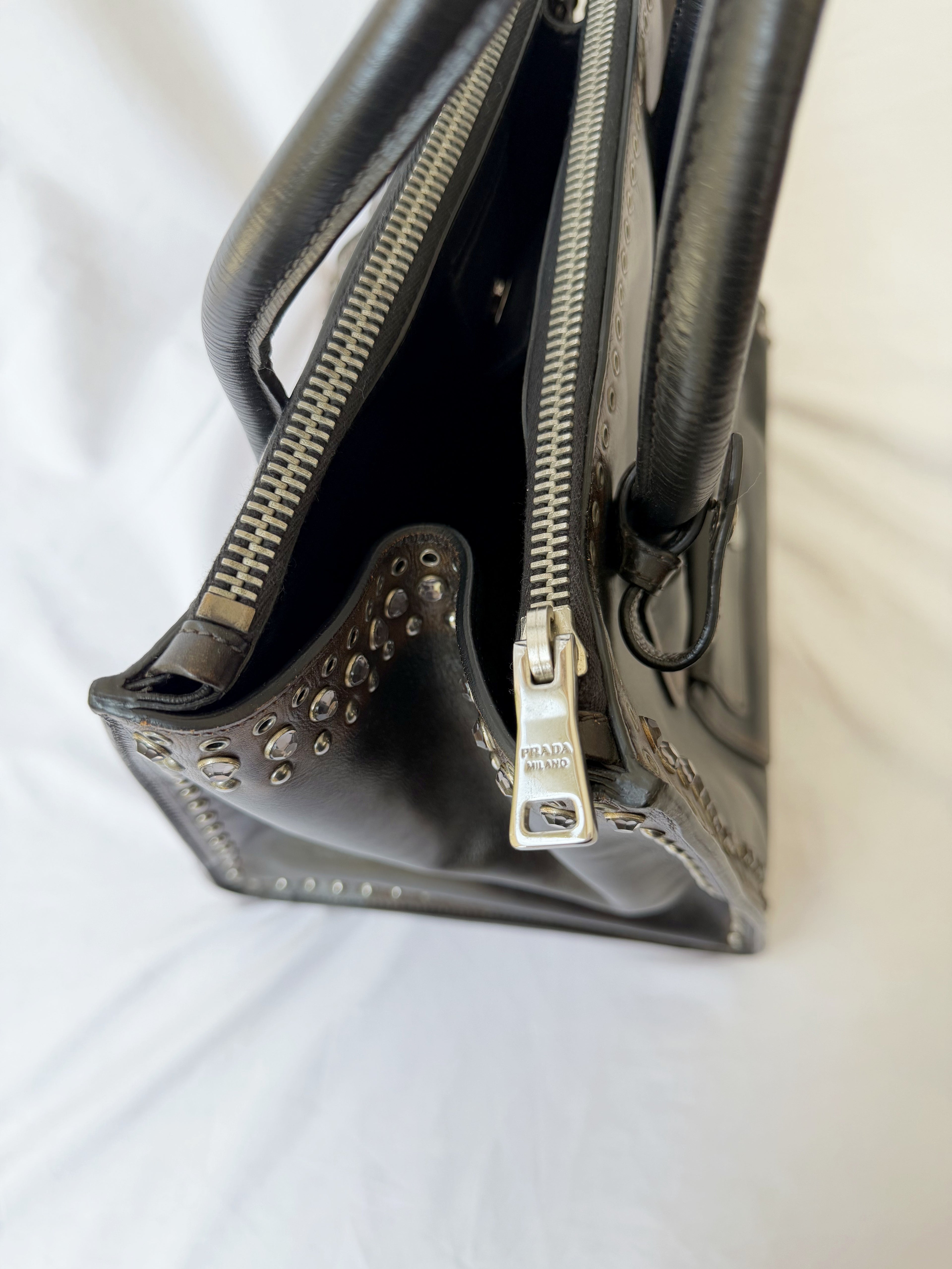 Prada Galleria Studded Tote in Burnished Brown Calfskin with Eyelets & Studs