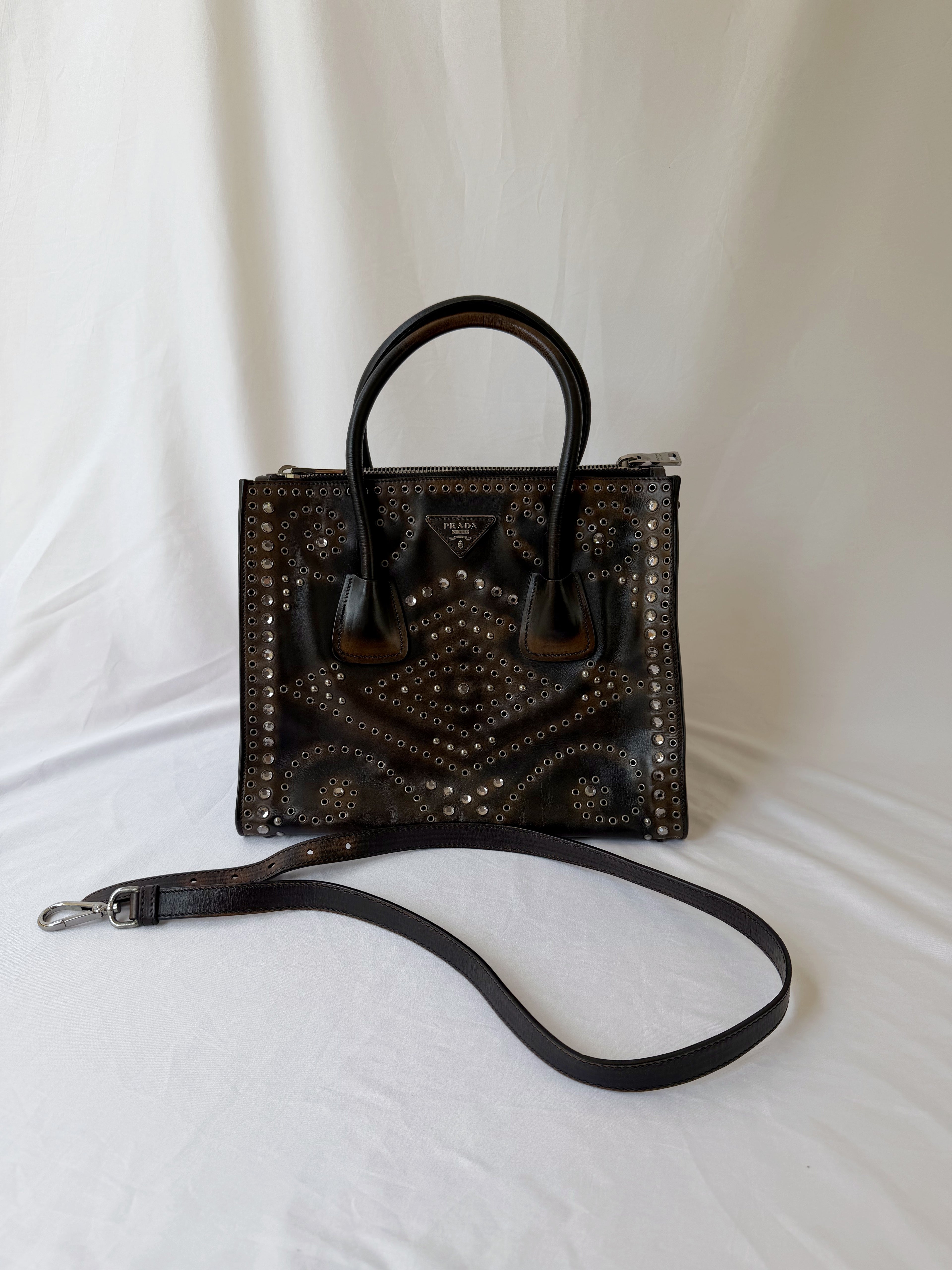 Prada Galleria Studded Tote in Burnished Brown Calfskin with Eyelets & Studs