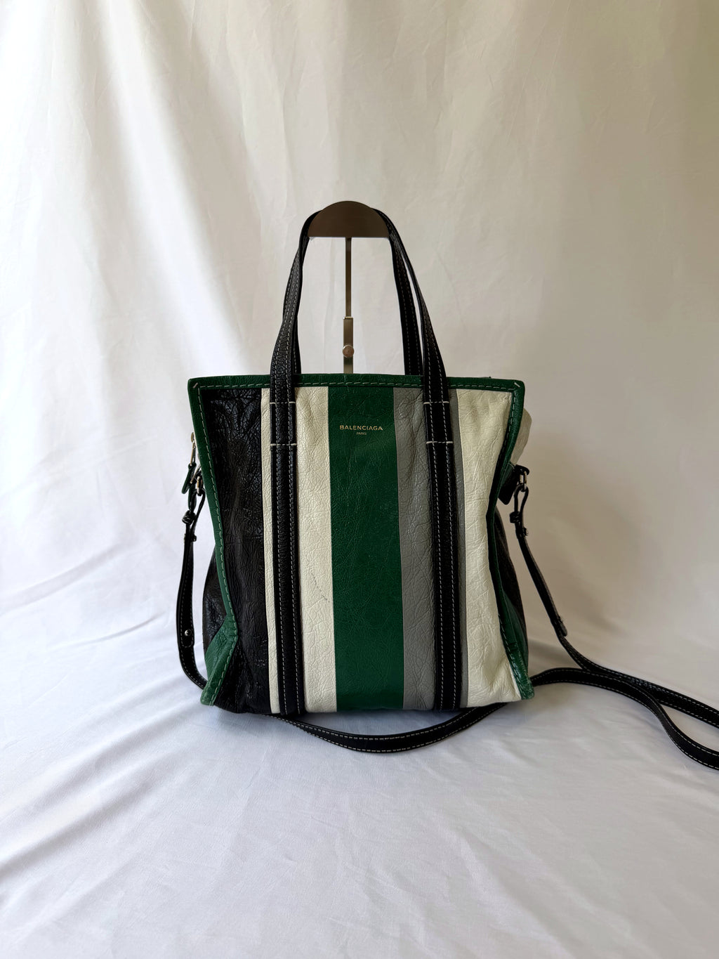 Balenciaga Bazar Shopper with Green/White/Black Stripe in Arena Leather