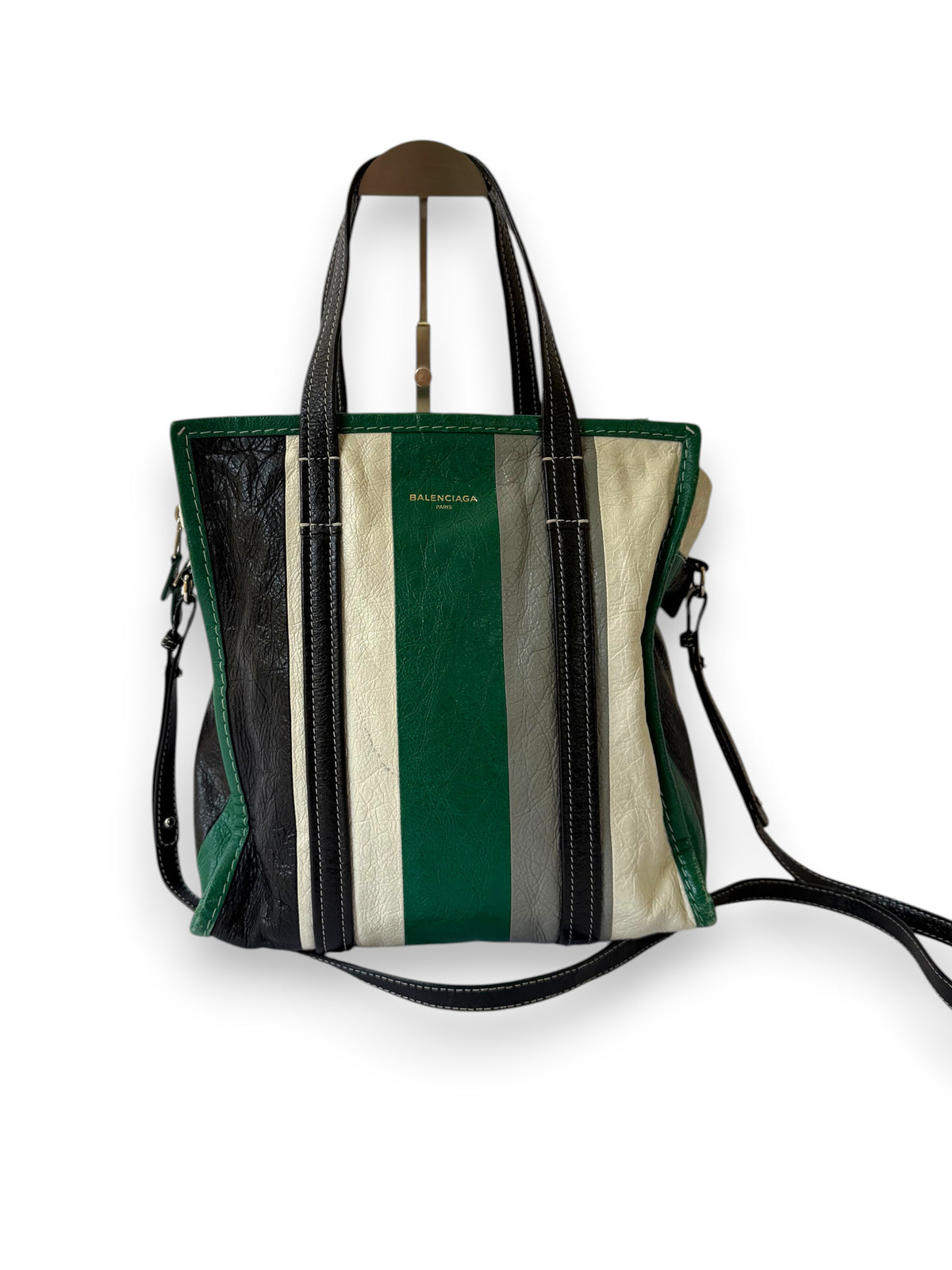 Balenciaga Bazar Shopper with Green/White/Black Stripe in Arena Leather