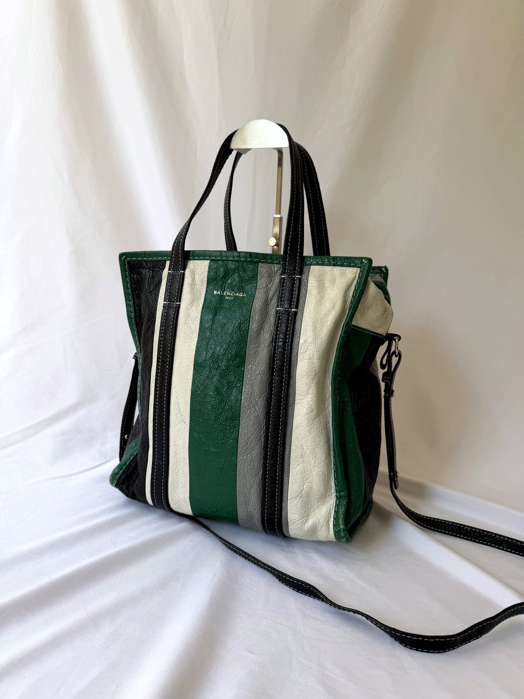 Balenciaga Bazar Shopper with Green/White/Black Stripe in Arena Leather