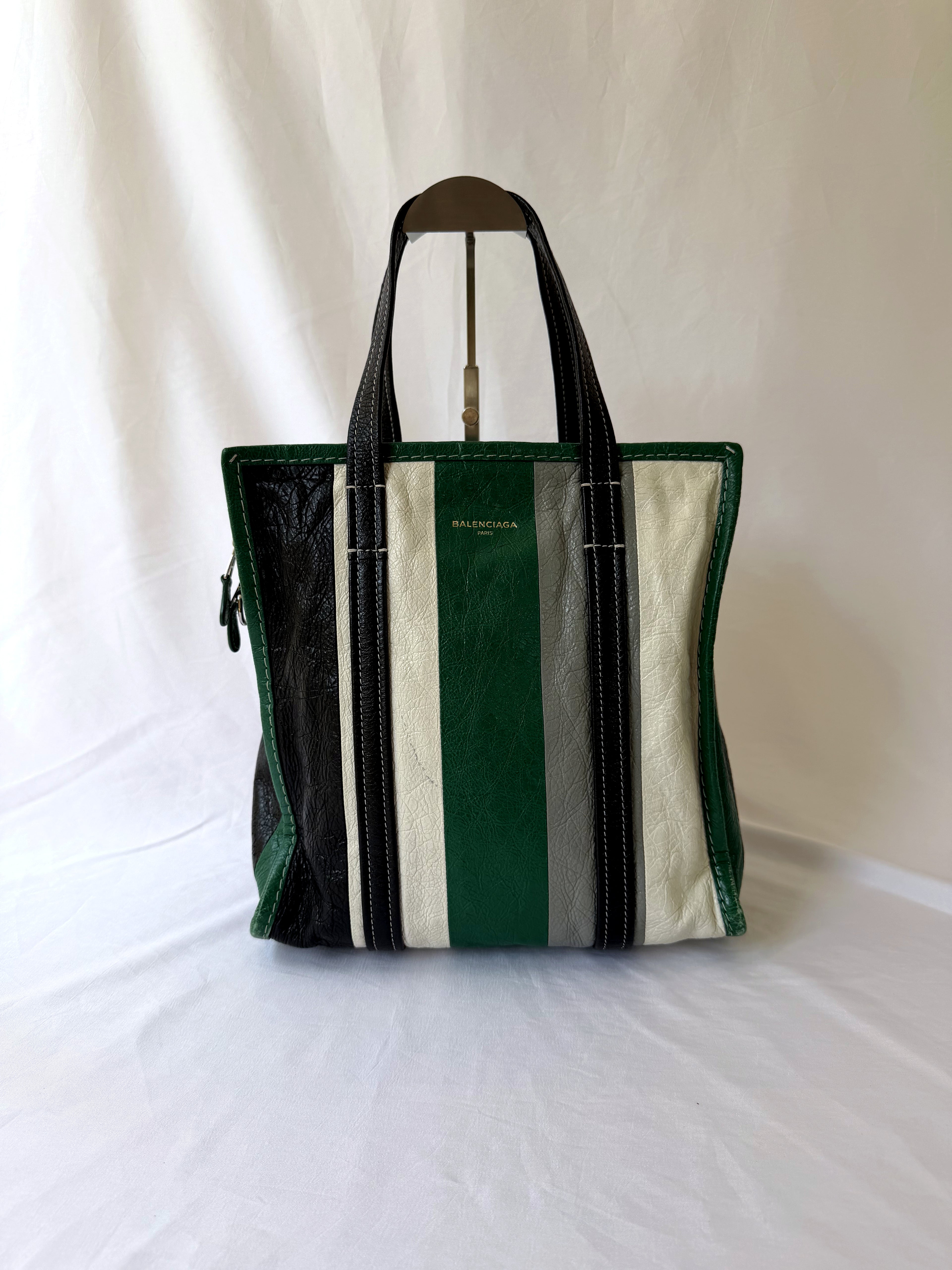 Balenciaga Bazar Shopper with Green/White/Black Stripe in Arena Leather