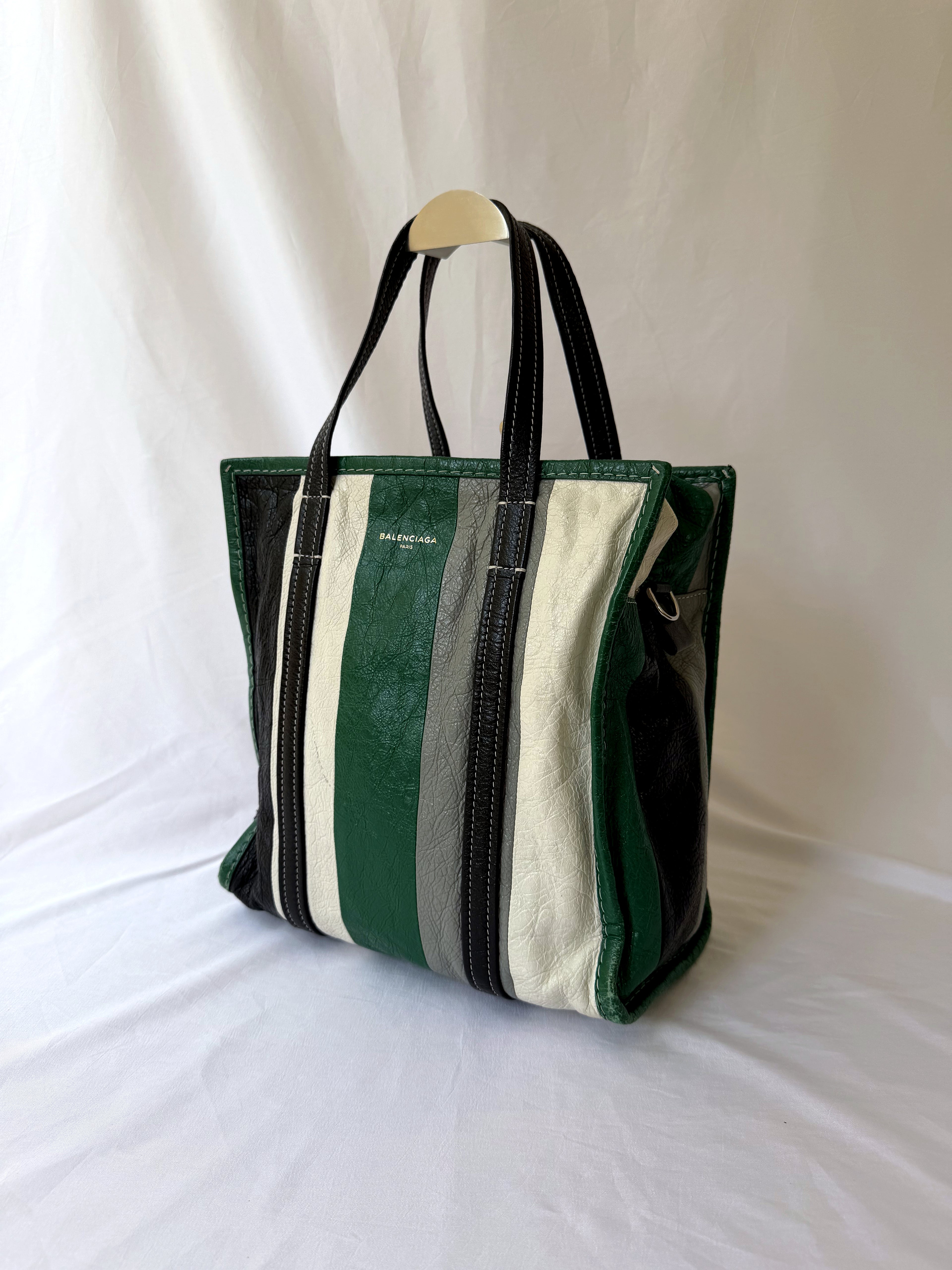 Balenciaga Bazar Shopper with Green/White/Black Stripe in Arena Leather