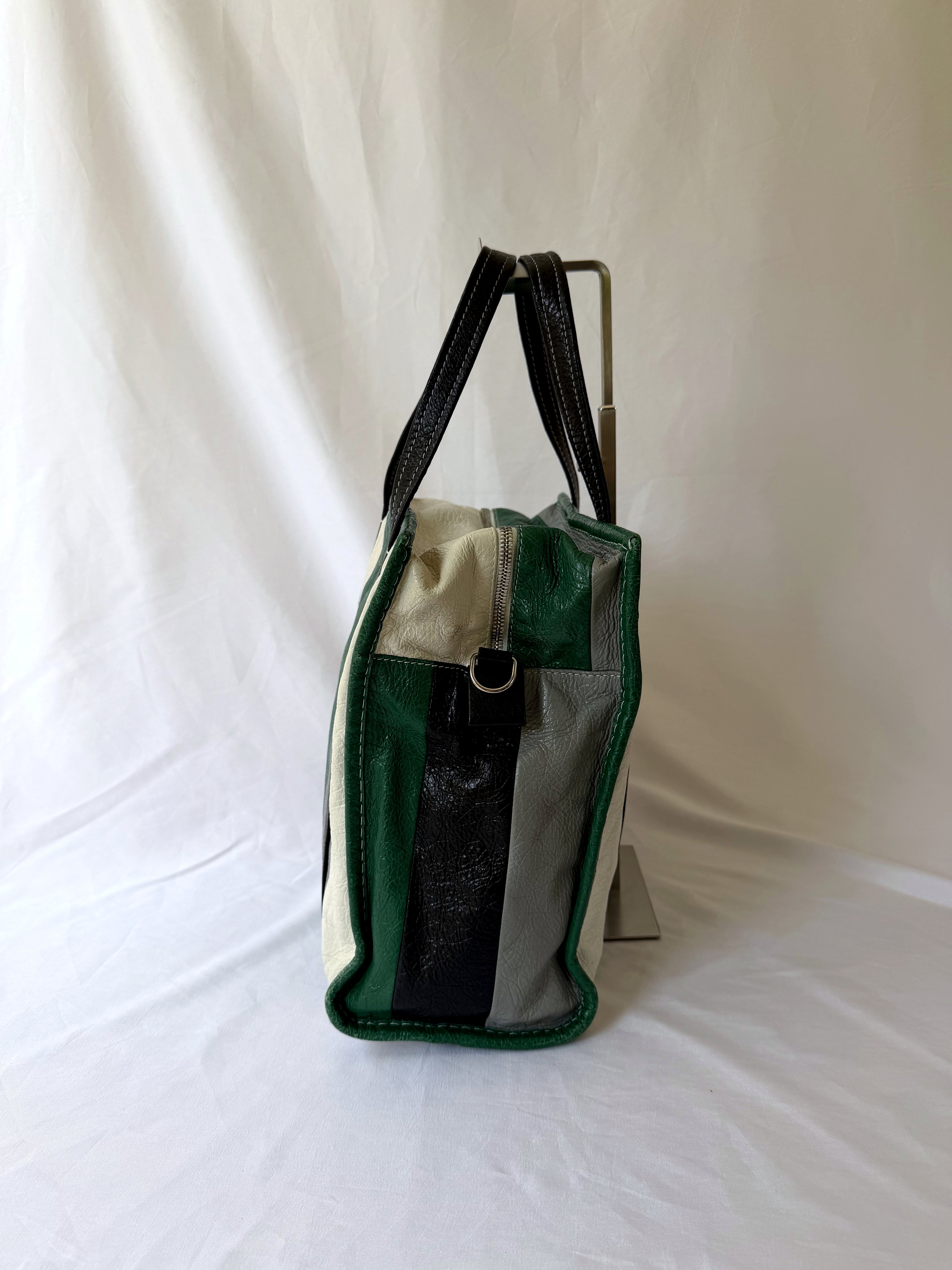 Balenciaga Bazar Shopper with Green/White/Black Stripe in Arena Leather