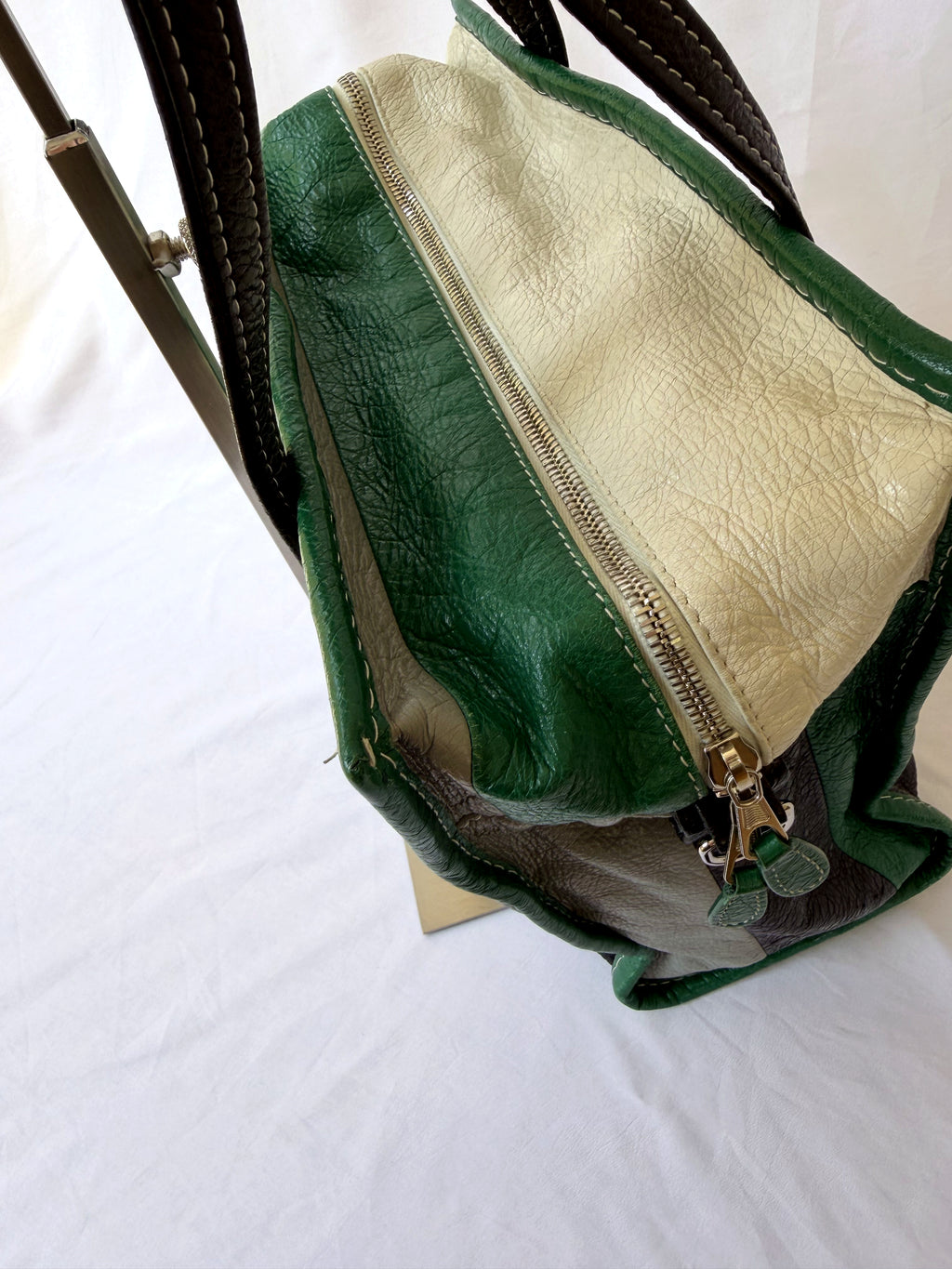 Balenciaga Bazar Shopper with Green/White/Black Stripe in Arena Leather