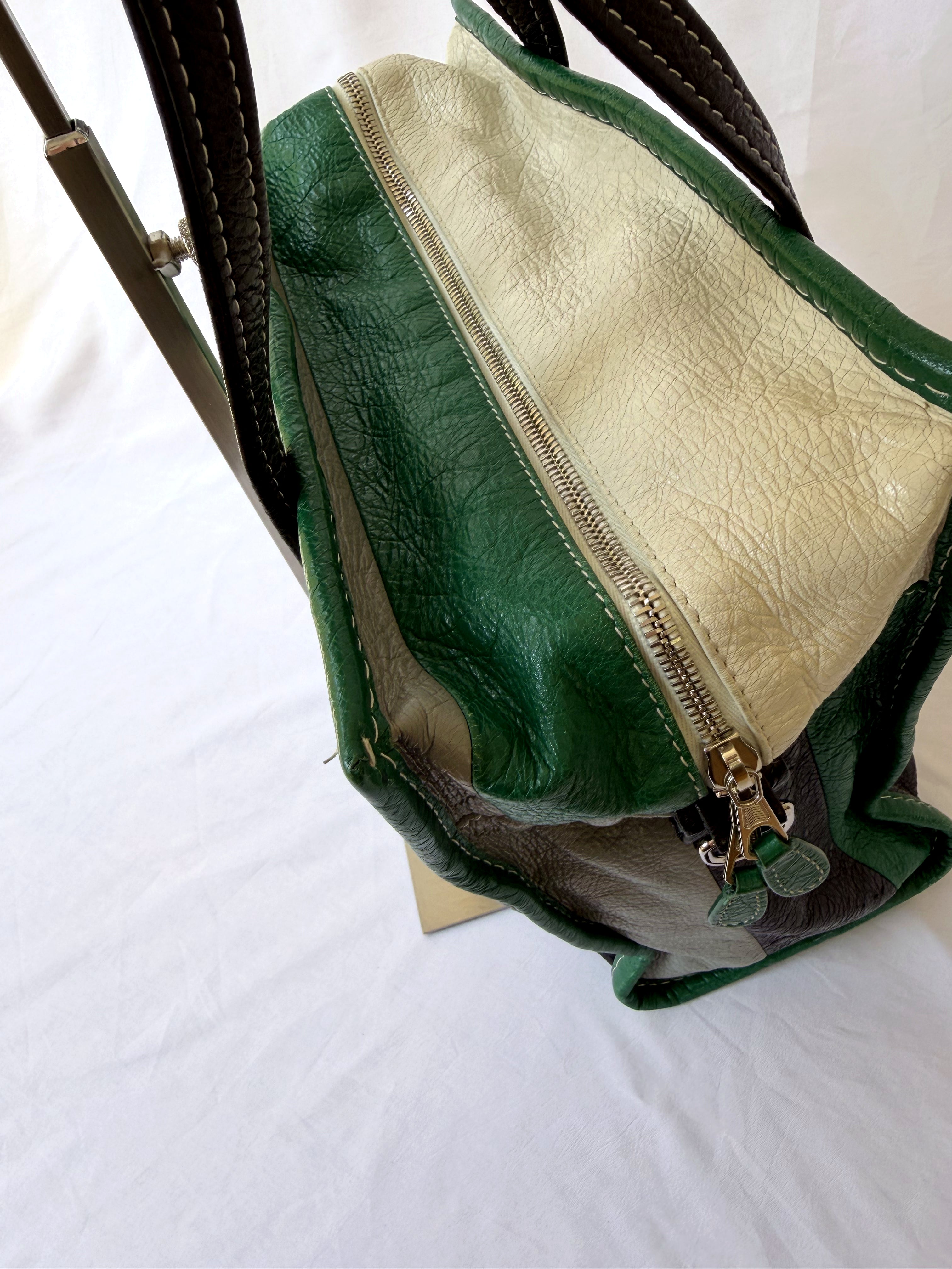 Balenciaga Bazar Shopper with Green/White/Black Stripe in Arena Leather