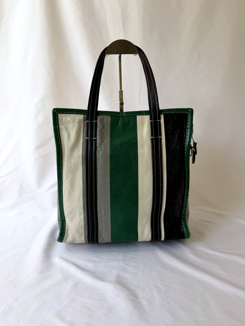 Balenciaga Bazar Shopper with Green/White/Black Stripe in Arena Leather