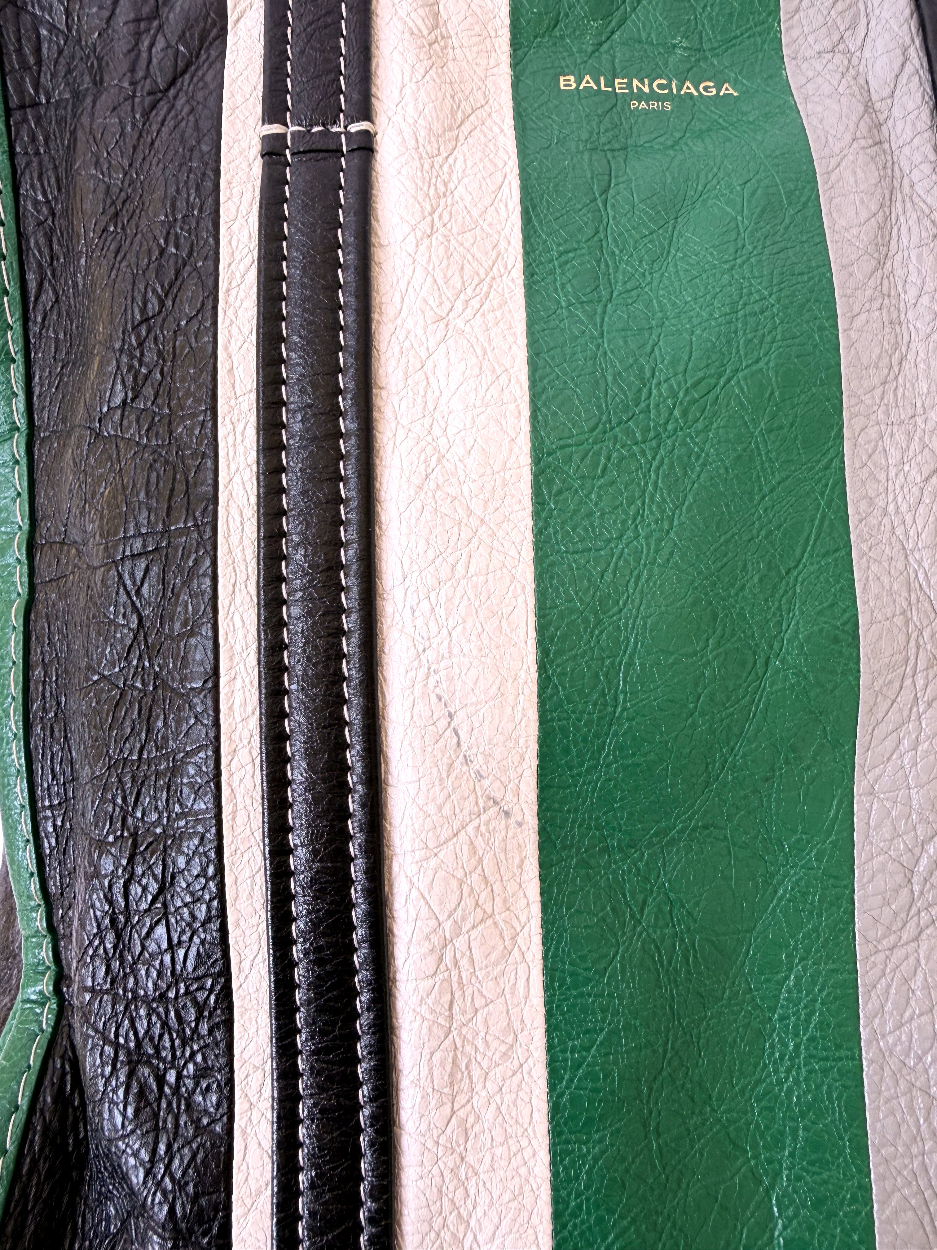 Balenciaga Bazar Shopper with Green/White/Black Stripe in Arena Leather