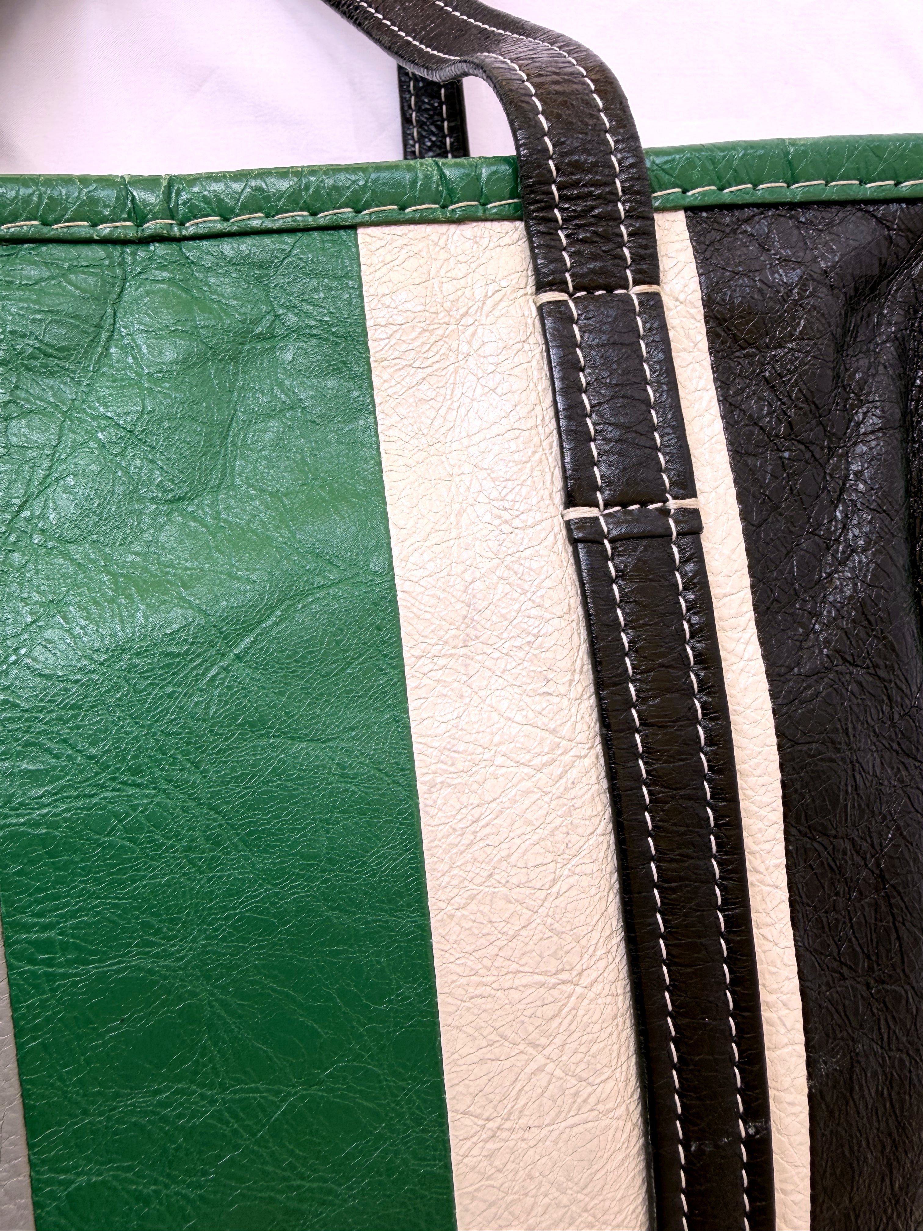 Balenciaga Bazar Shopper with Green/White/Black Stripe in Arena Leather