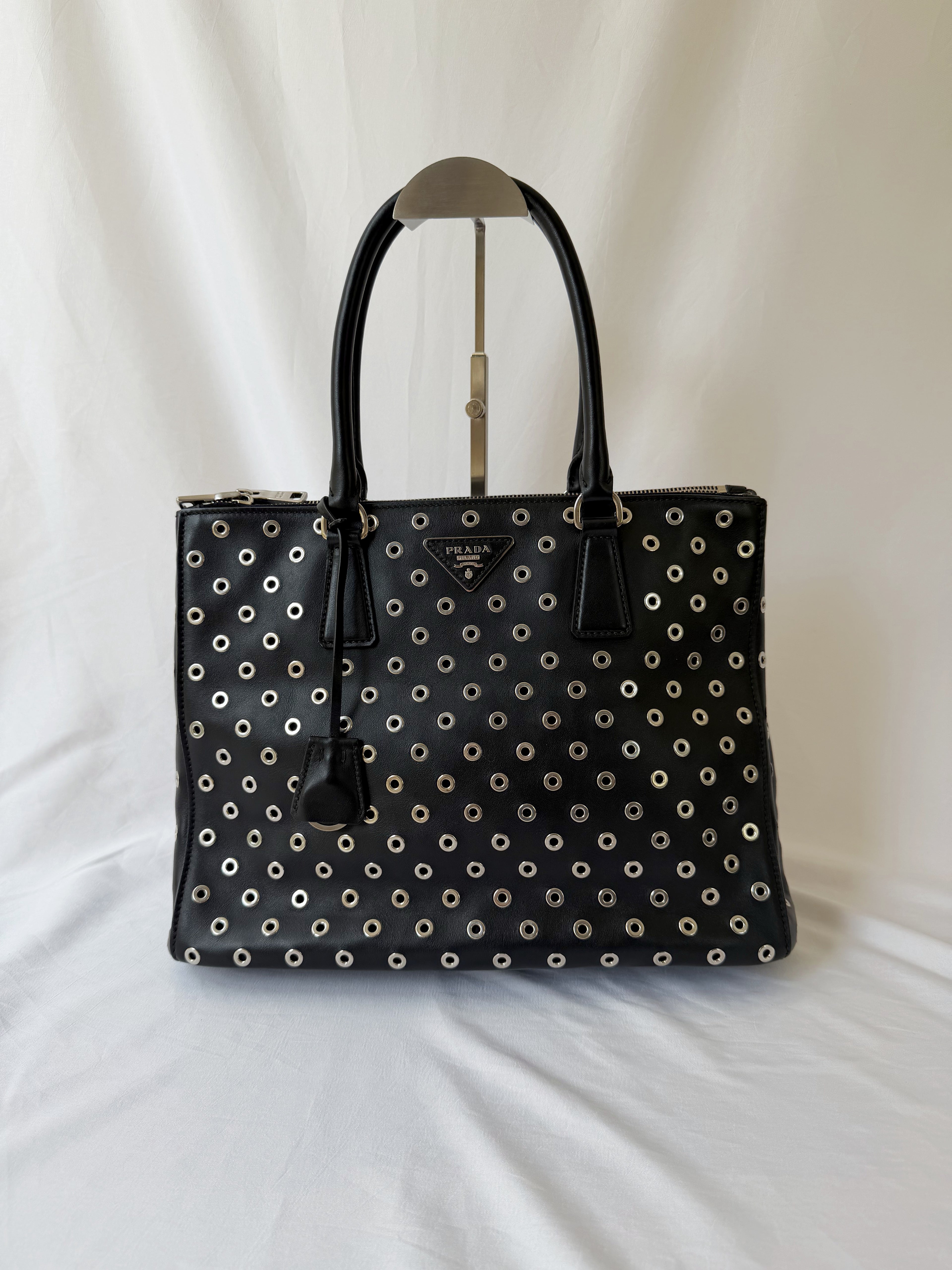 Prada Galleria Eyelet Tote in Black Calfskin with Metal Eyelets