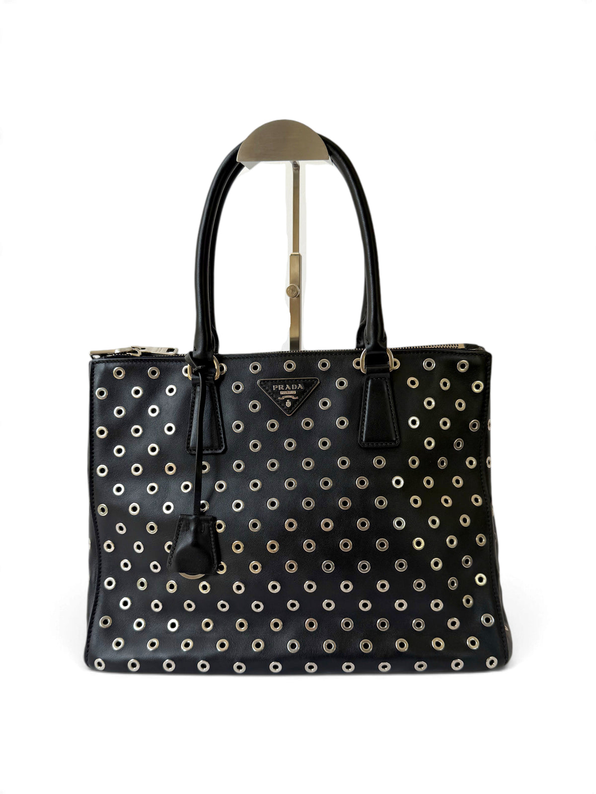 Prada Galleria Eyelet Tote in Black Calfskin with Metal Eyelets