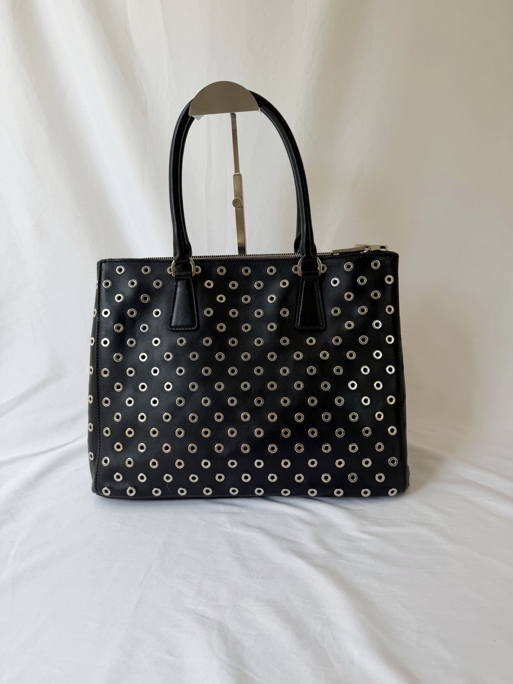Prada Galleria Eyelet Tote in Black Calfskin with Metal Eyelets