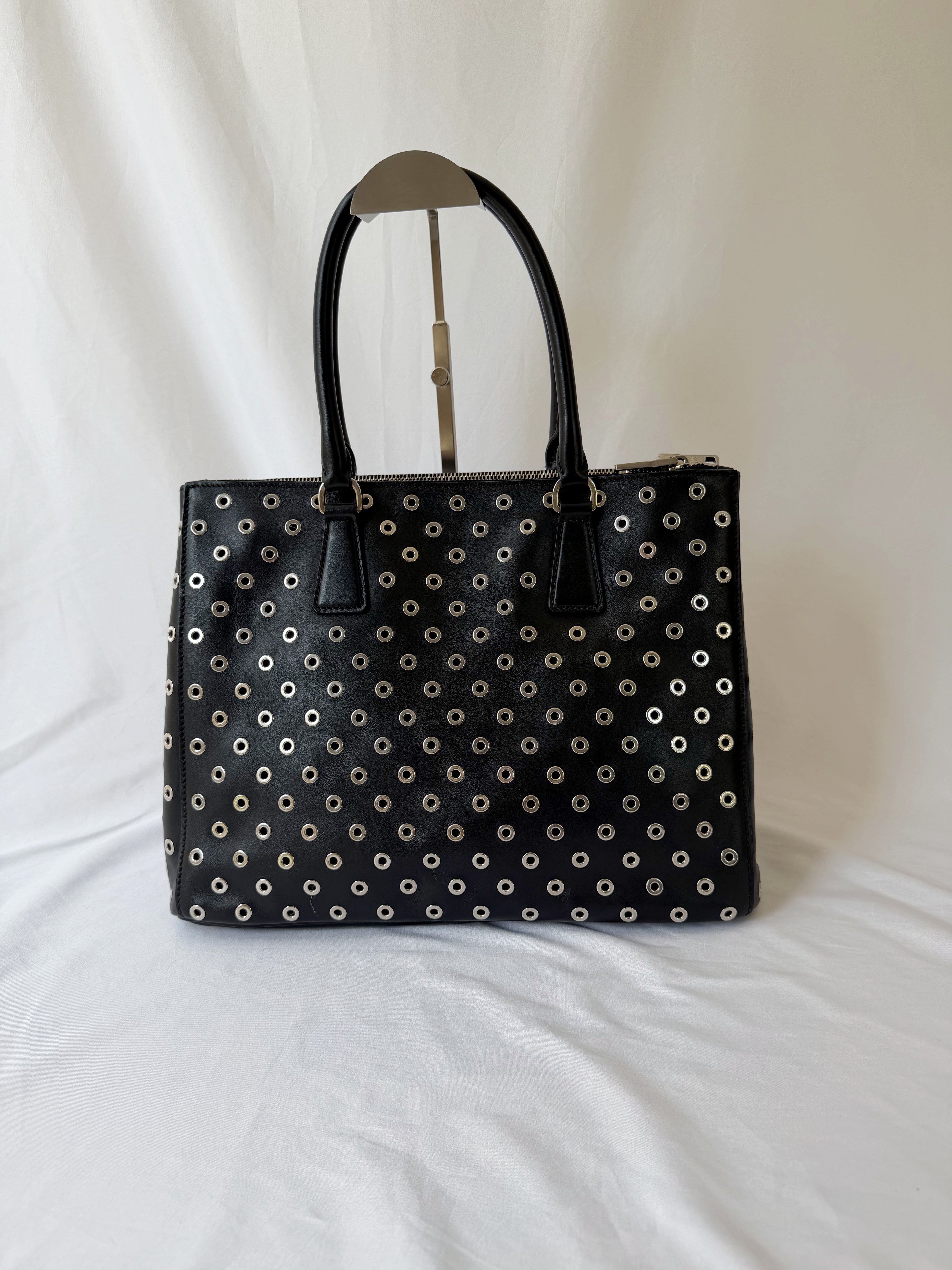 Prada Galleria Eyelet Tote in Black Calfskin with Metal Eyelets