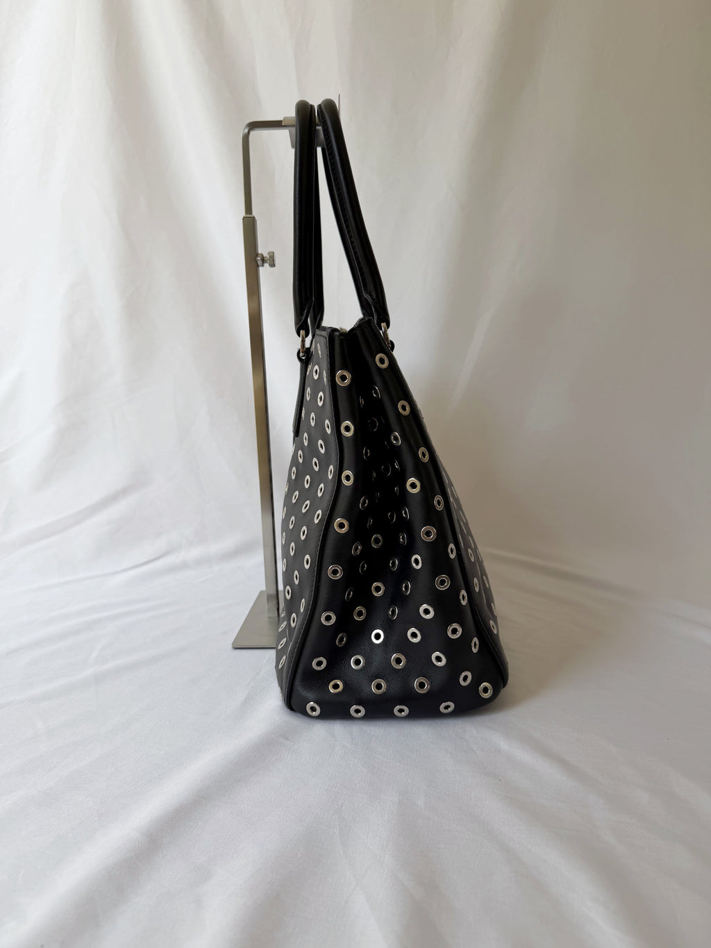 Prada Galleria Eyelet Tote in Black Calfskin with Metal Eyelets