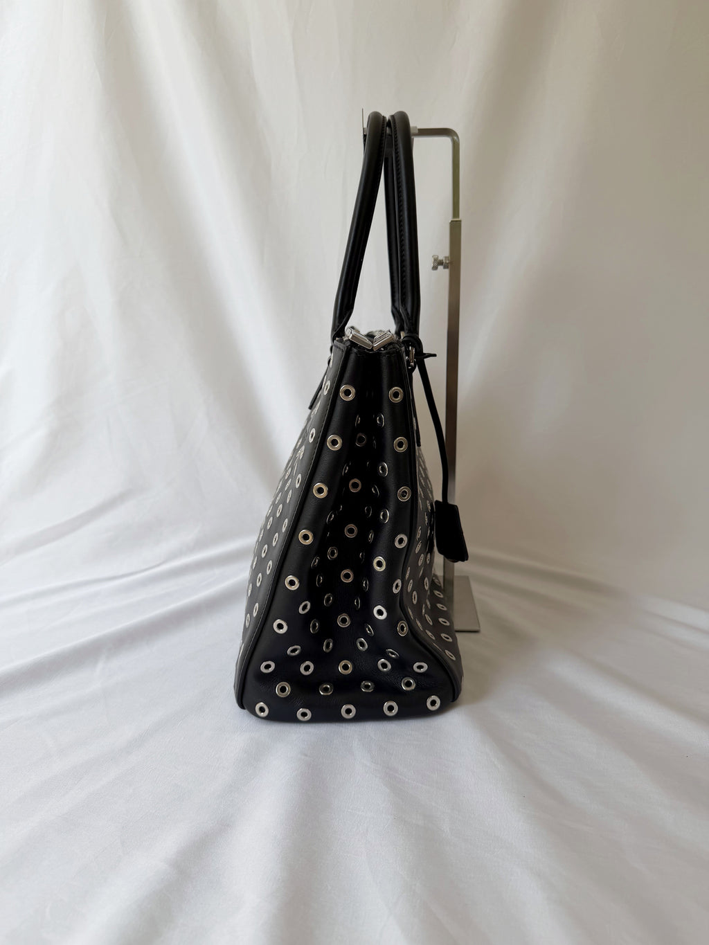 Prada Galleria Eyelet Tote in Black Calfskin with Metal Eyelets